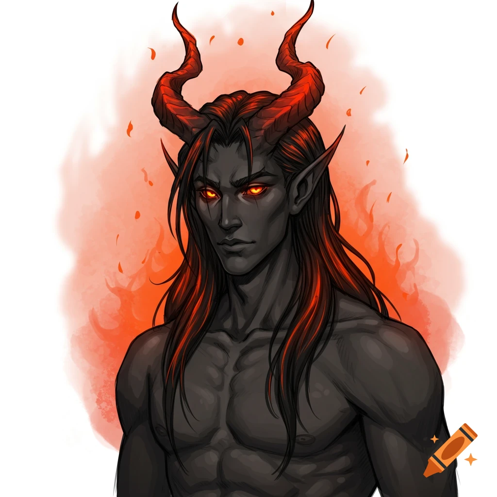 Muscular dark-skinned fantasy male character with red horns, glowing orange eyes, and long dark hair with red streaks, in an illustrative style.