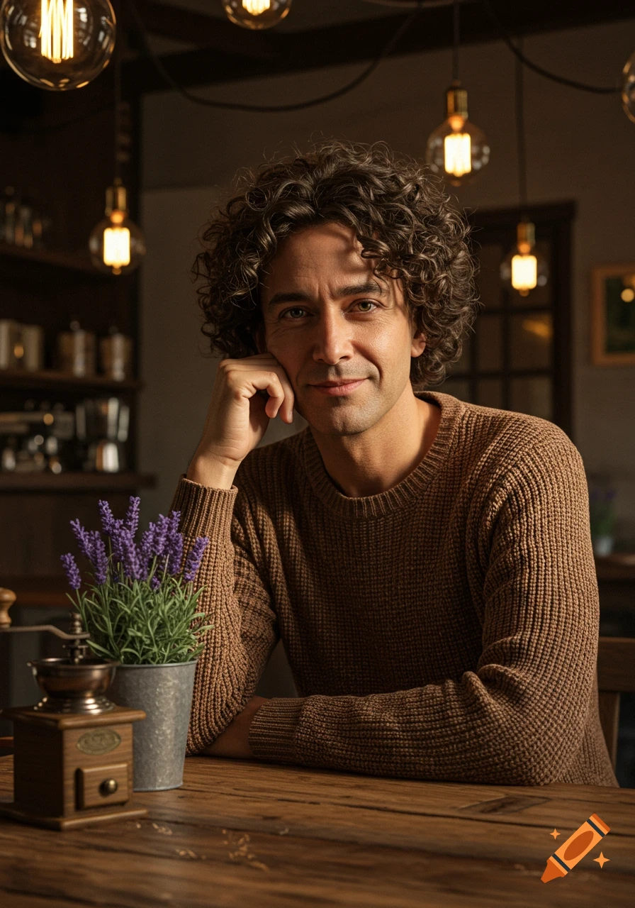 Photorealistic portrait of a smiling man with curly hair, sitting at a wooden table in a cafe with a lavender plant and coffee grinder.
