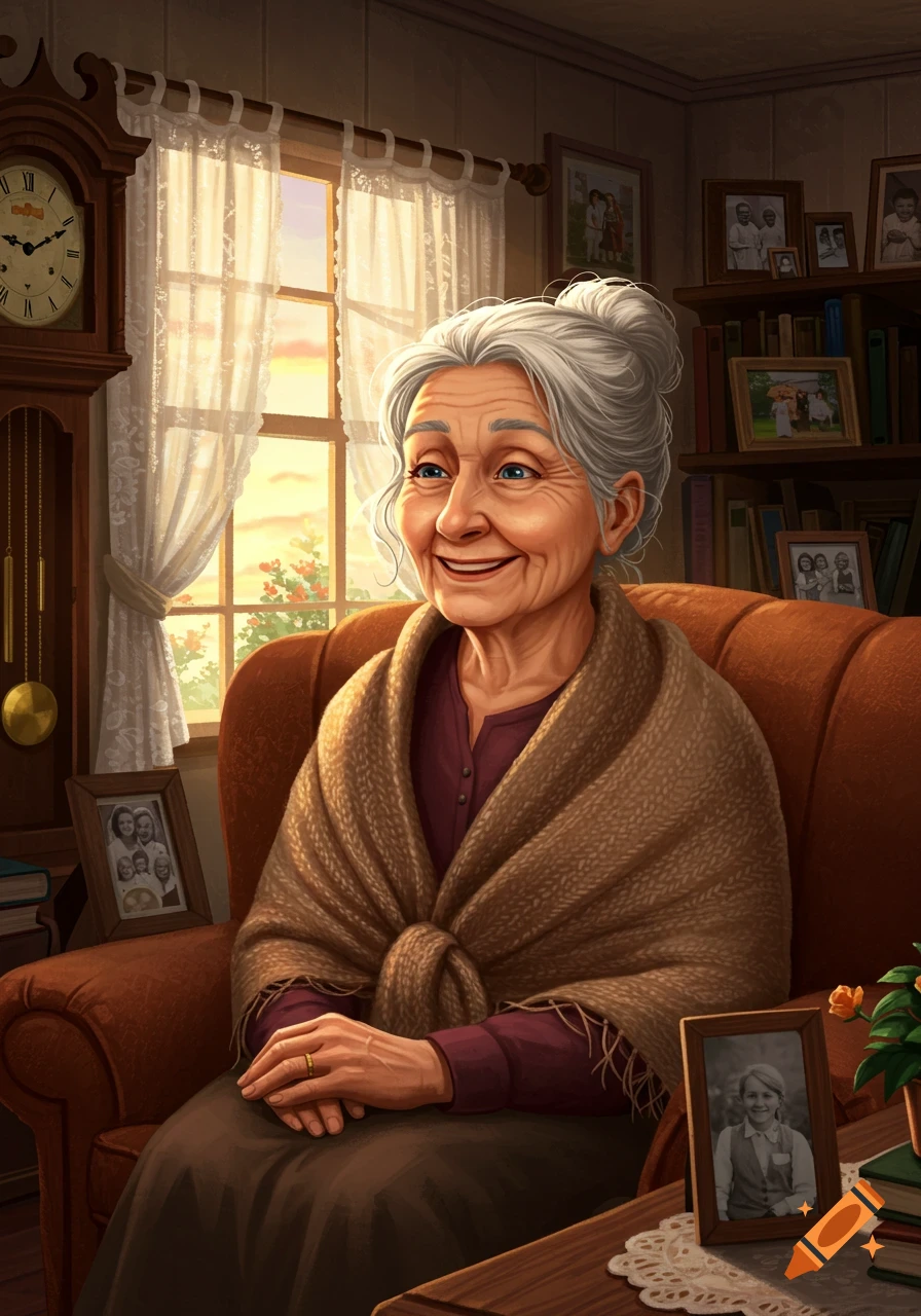 An elderly woman with gray hair smiles while sitting in an armchair, wrapped in a shawl. She's in a cozy room with a grandfather clock, window, and bookshelves filled with framed photos.