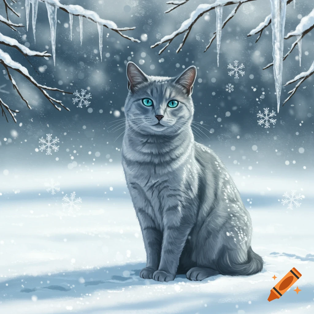A realistic illustration of a blue-gray cat with teal eyes sitting in a snowy landscape with icicles and falling snowflakes.