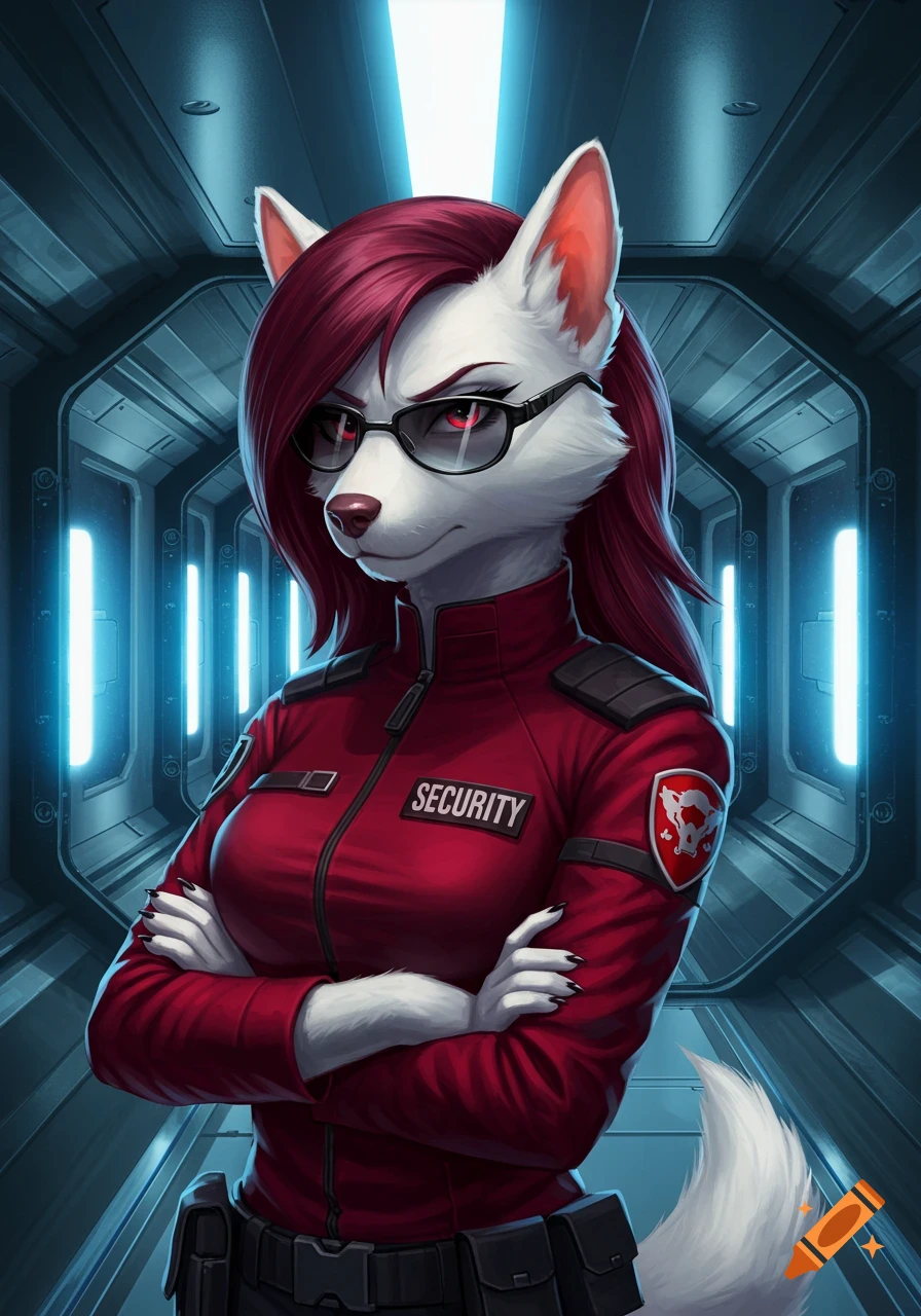Anthropomorphic white canine-woman in a red futuristic security uniform stands in a sci-fi hallway.