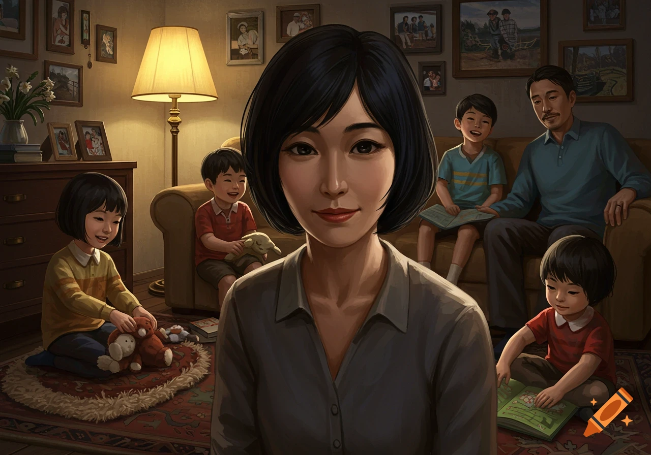 An illustration of a family of five in a cozy living room, featuring a woman with short black hair in the foreground, and a man and three children in the background.