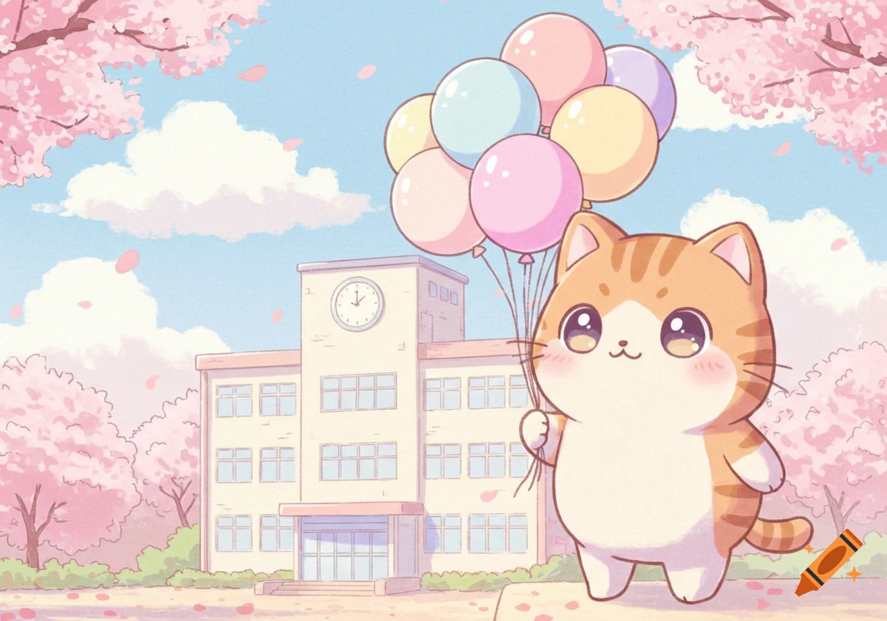 A cute, round ginger and white cat holds pastel balloons in front of a cream and blue school building with cherry blossoms and clouds, in a pastel illustration style.