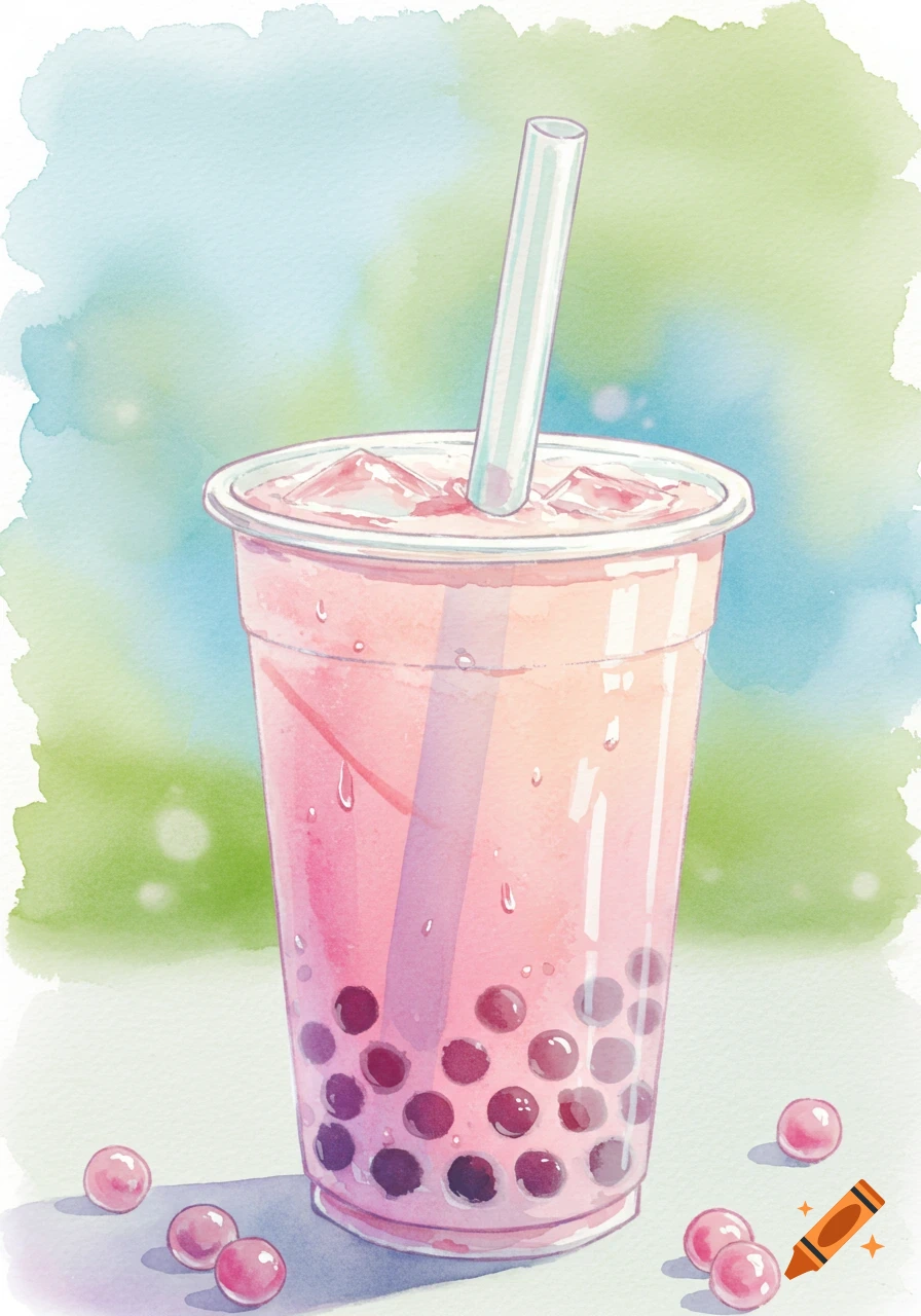 A watercolor illustration of a pink bubble tea with tapioca pearls and a straw in a plastic cup, against a soft blue and green background.