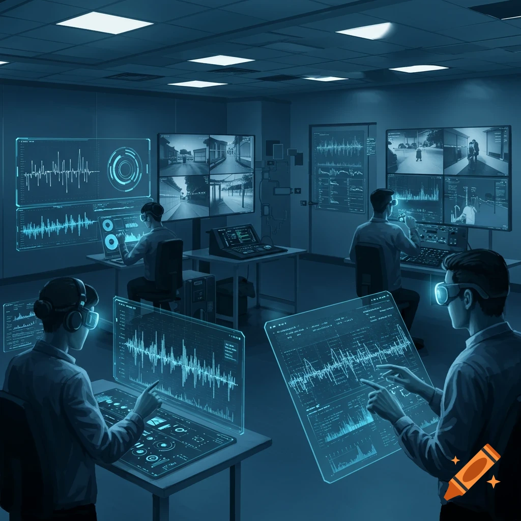 Men in a futuristic control room with blue holographic screens and multiple monitors displaying data and surveillance footage.
