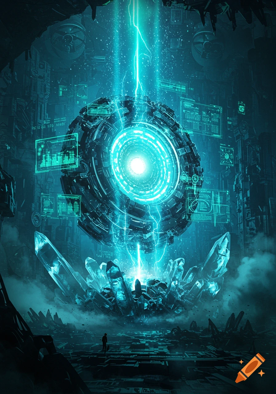 Dark, futuristic digital art of a glowing teal energy orb surrounded by large crystals, with a small figure in the foreground.