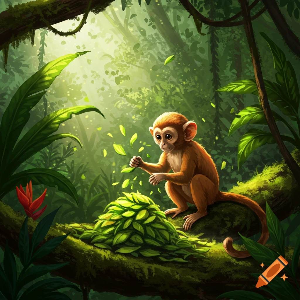 Cute illustration of a small brown monkey sitting on a mossy branch in a lush jungle, sorting a pile of green leaves.