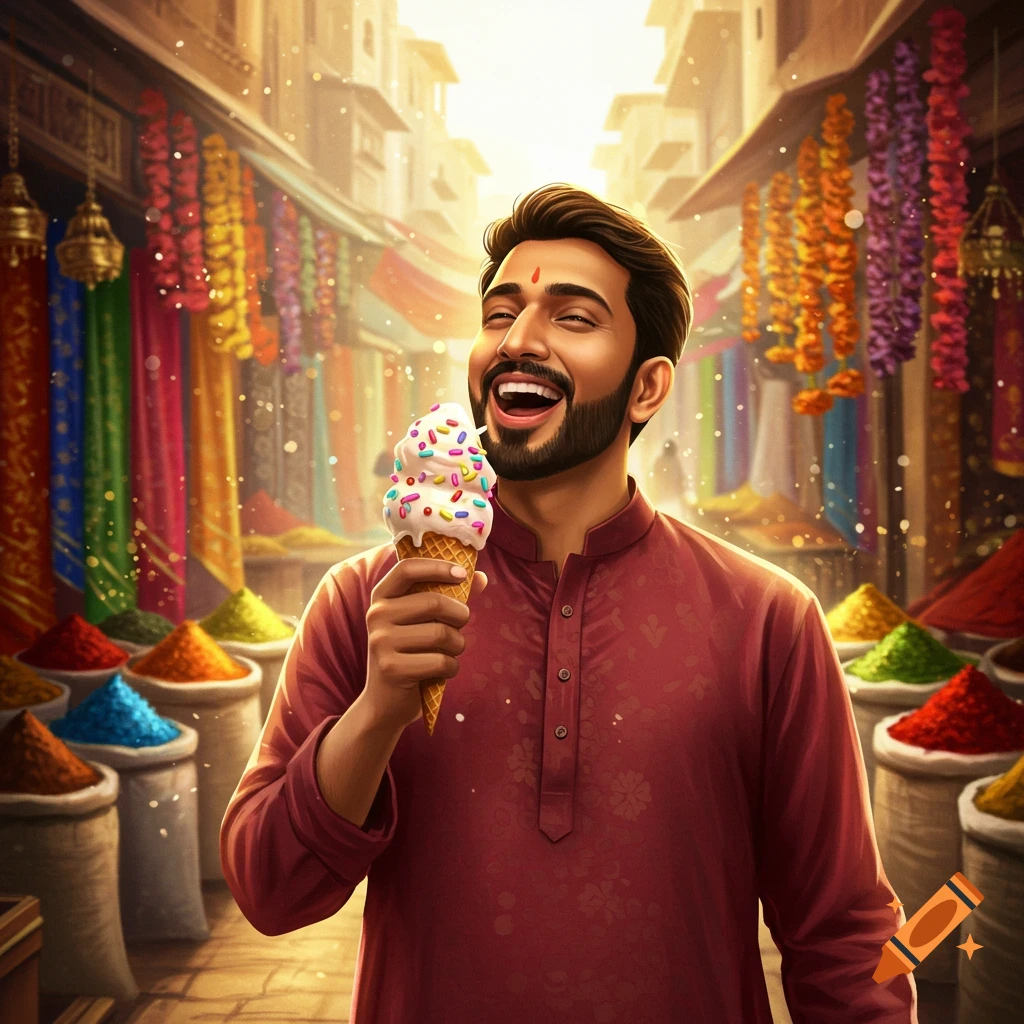A happy Indian man in a market eats a colorful ice cream cone with sprinkles, surrounded by spice bags and garlands.