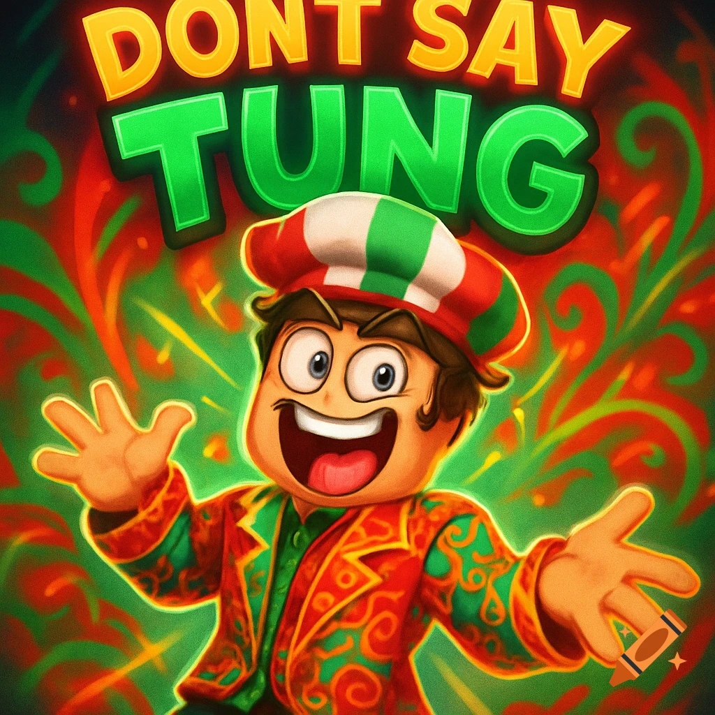 A vibrant cartoon illustration featuring a grinning man in a red, white, and green striped hat and ornate jacket, with 'DONT SAY TUNG' text above.