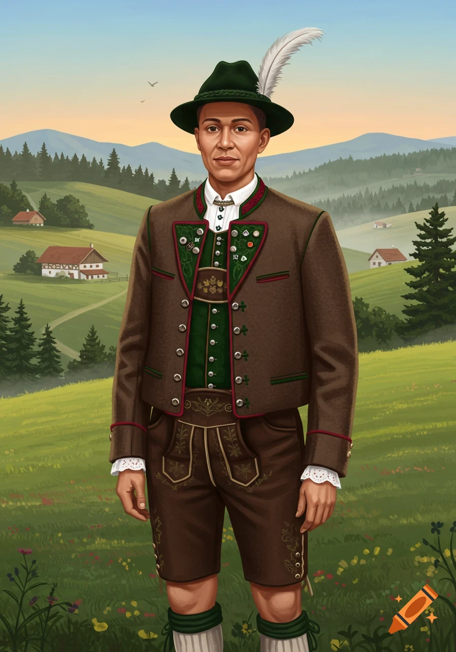 An illustrated portrait of a man in traditional German lederhosen, jacket, and feathered hat, standing in a green, hilly landscape.