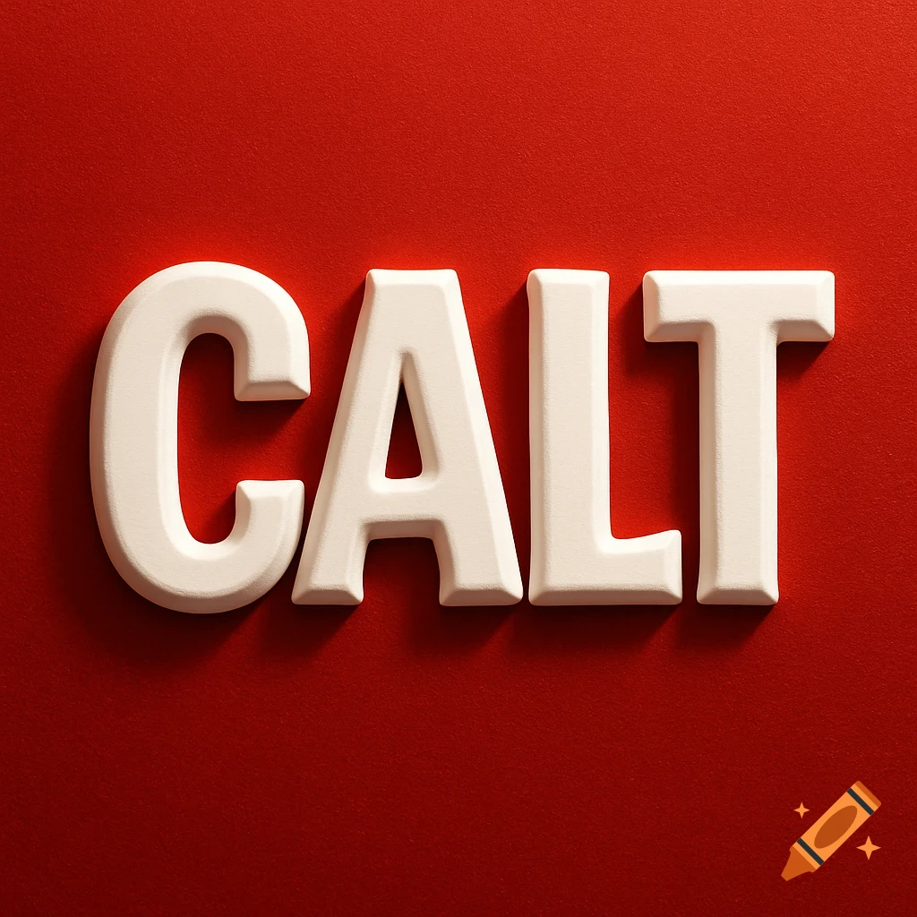 3D white letters spelling CALT on a vibrant red background, casting subtle shadows.