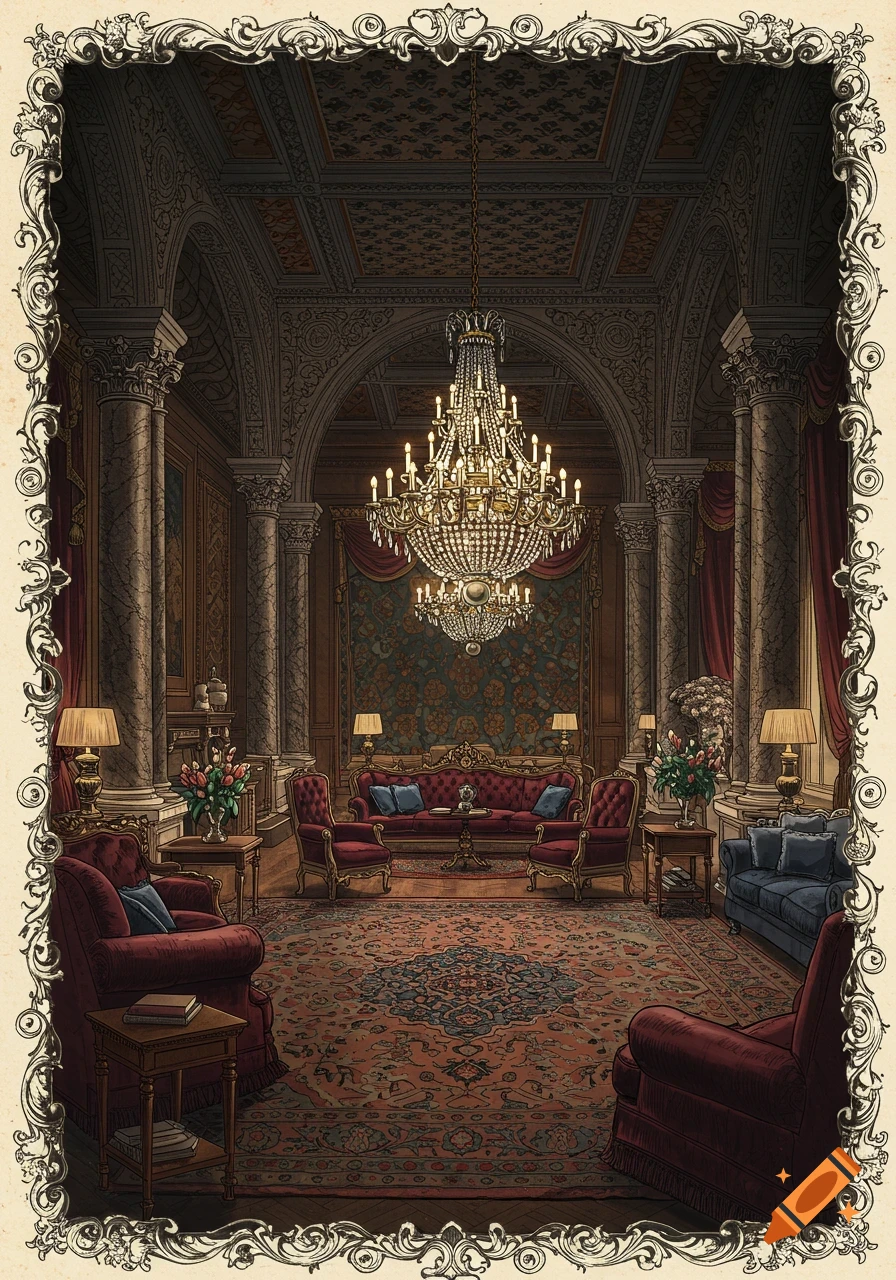 Highly detailed illustration of a grand Victorian mansion interior with a crystal chandelier, ornate furniture, and an inked border.