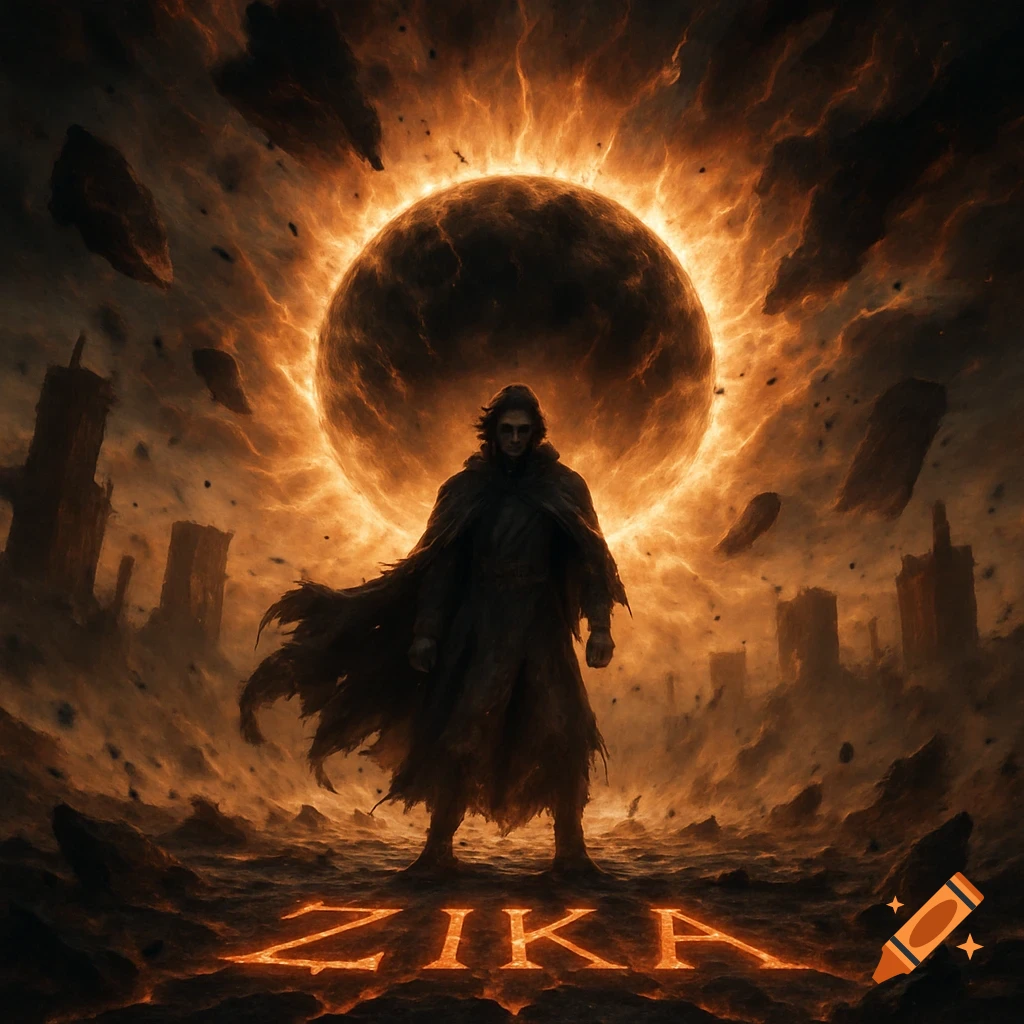 A lone cloaked figure stands on cracked earth in apocalyptic ruins, lit by a fiery sphere. 'ZIKA' glows on the ground.