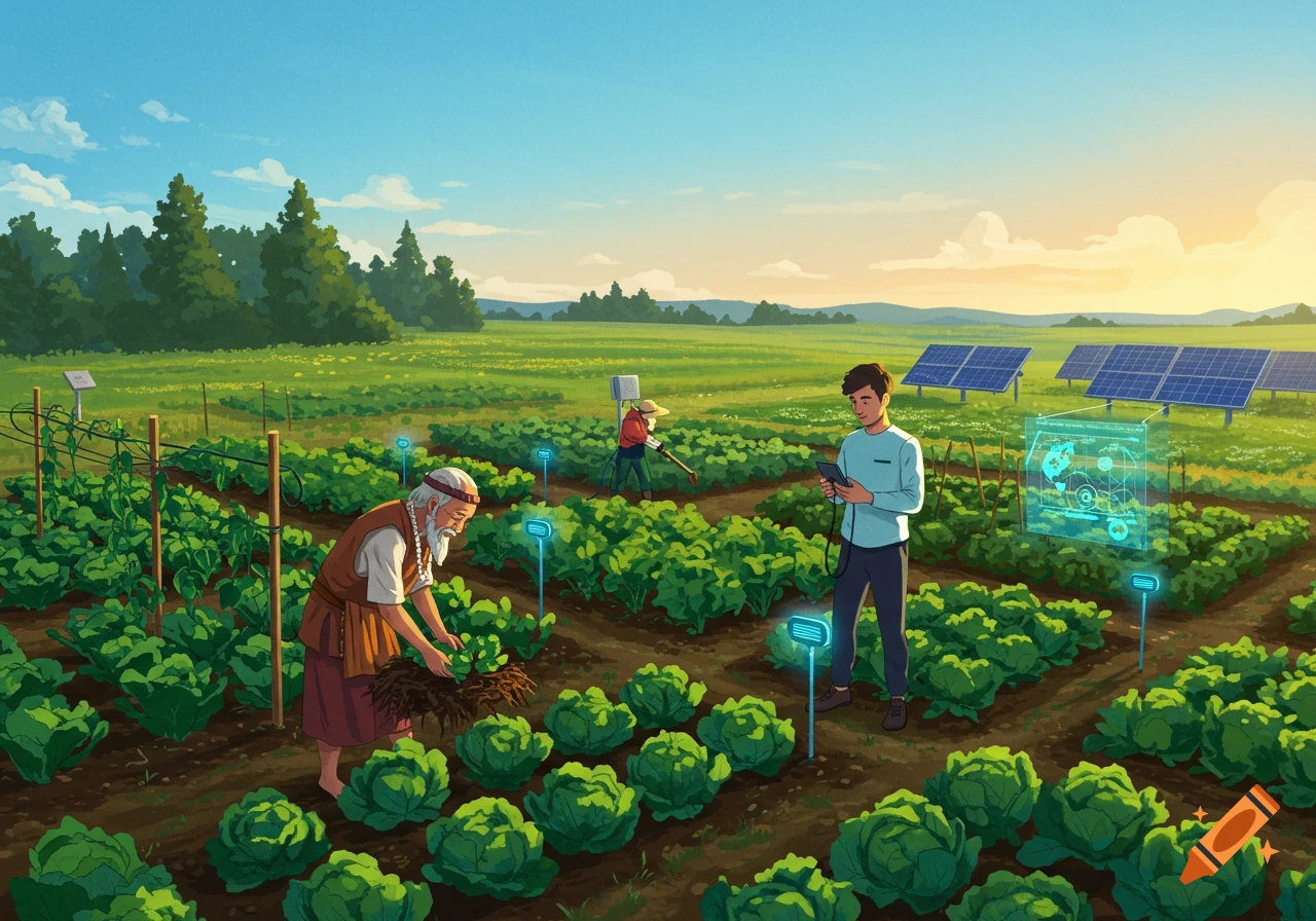 Illustration of a smart farm combining traditional methods with modern tech like soil sensors and solar panels.
