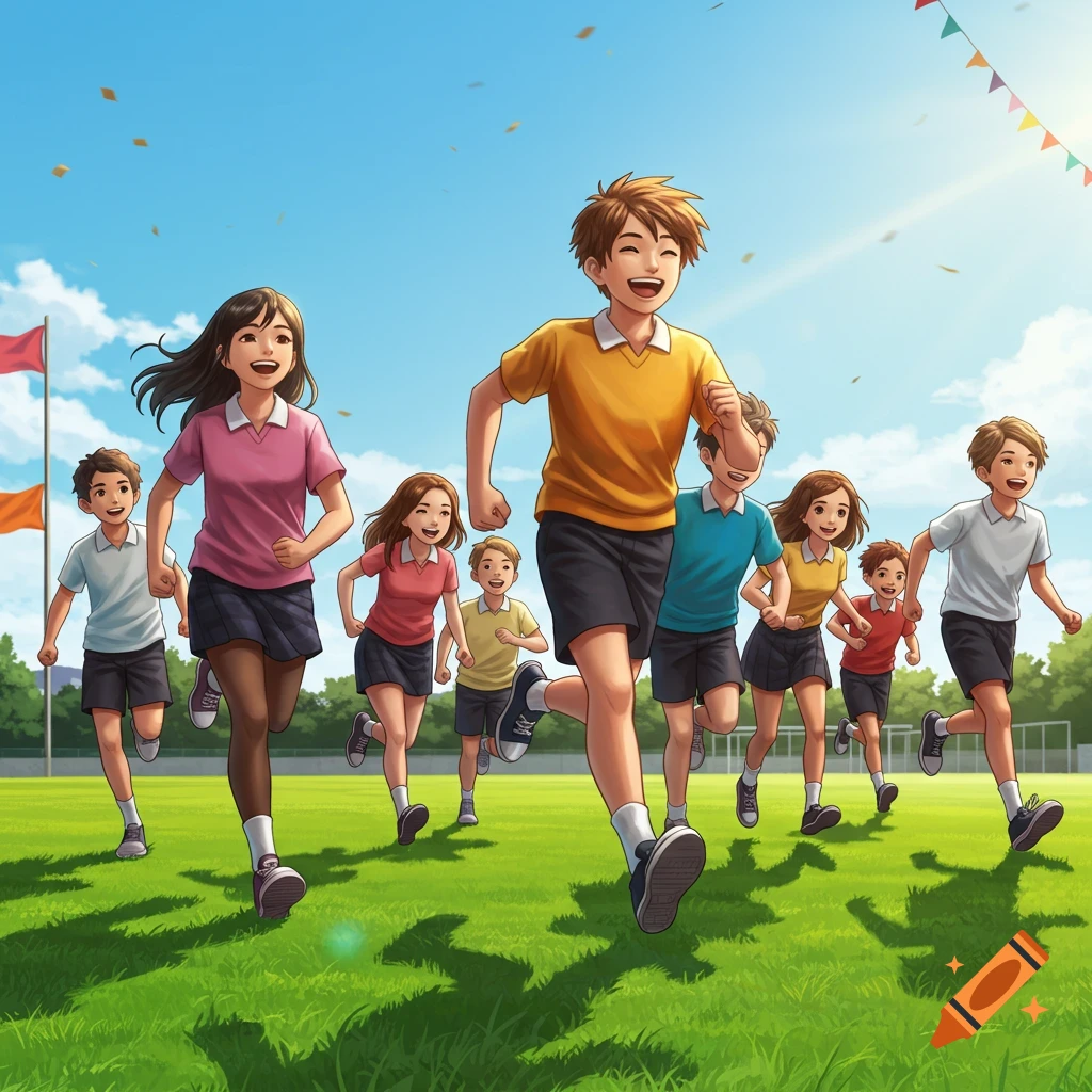 A group of happy children running on a green field during a sunny school sports day, in an anime style.