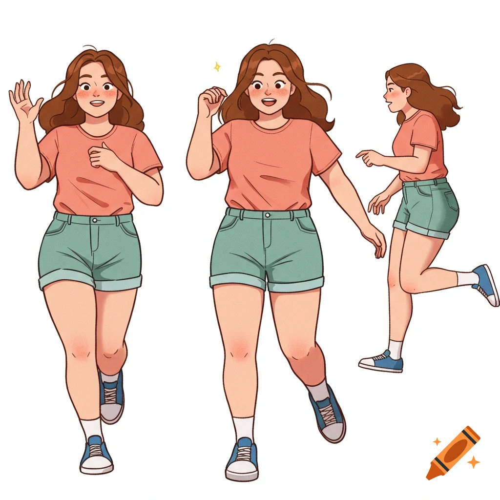 Cartoon illustration of a woman in three poses, wearing a peach t-shirt and mint green shorts, against a white background.