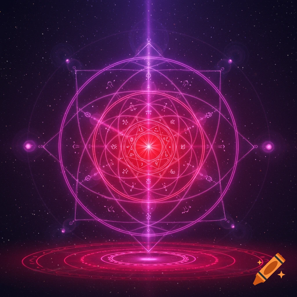 A vibrant, glowing geometric spiritual protection shield in pink and purple neon lines and circles, with intricate symbols, against a starry cosmic background.