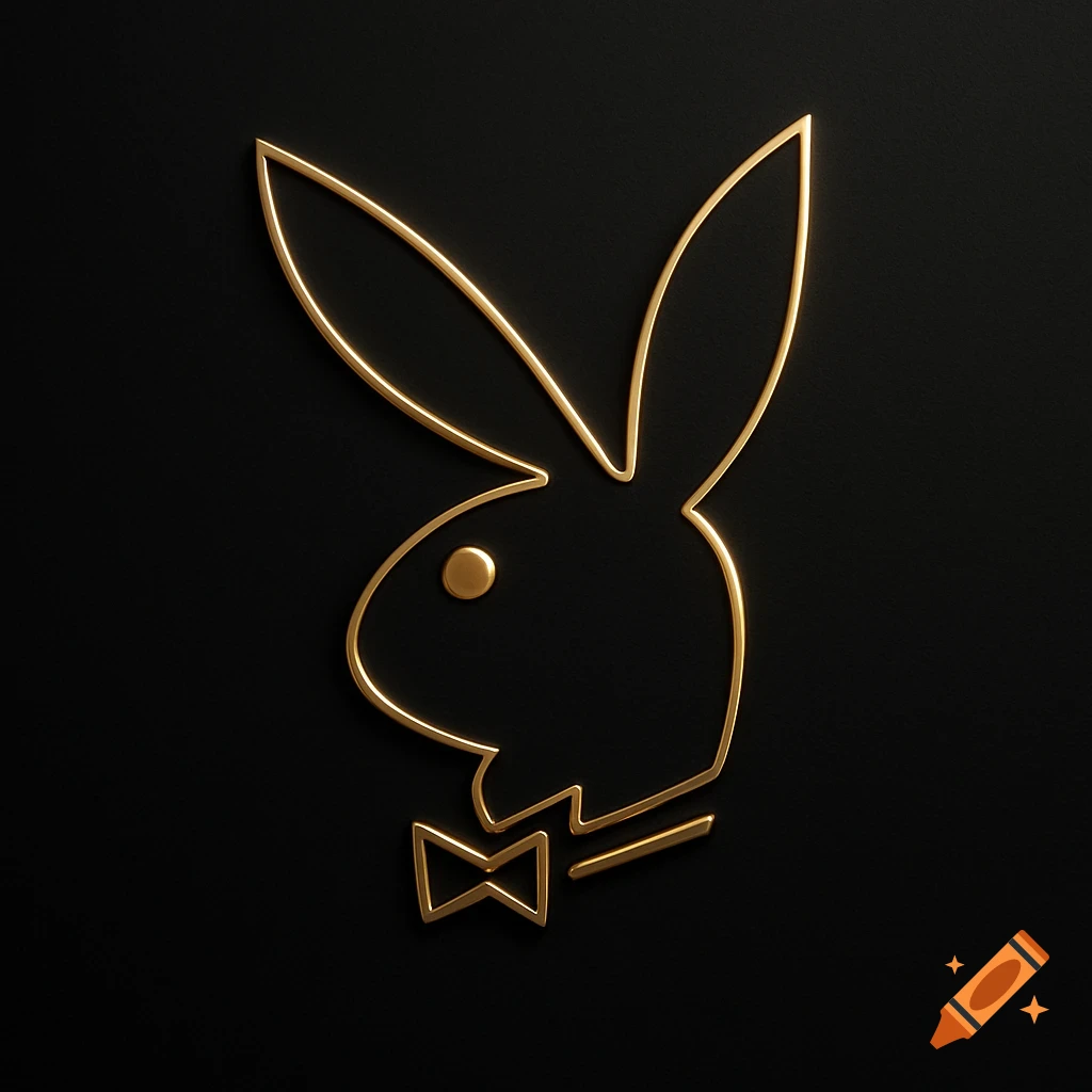 A golden outline of the Playboy bunny logo, featuring a rabbit head with a bowtie, against a solid black background.