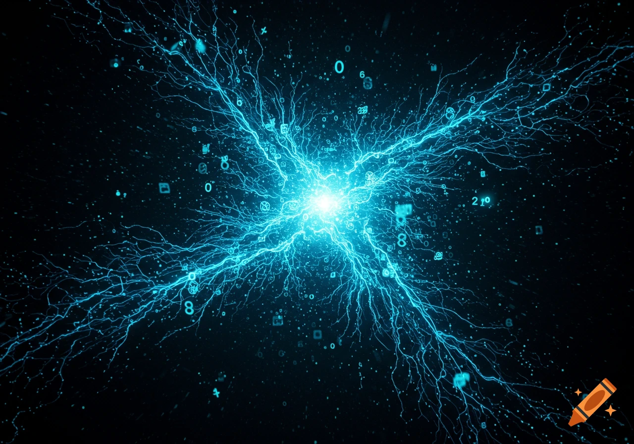 A vibrant blue light burst emits electric tendrils and digital numbers on a black background, resembling data or energy.