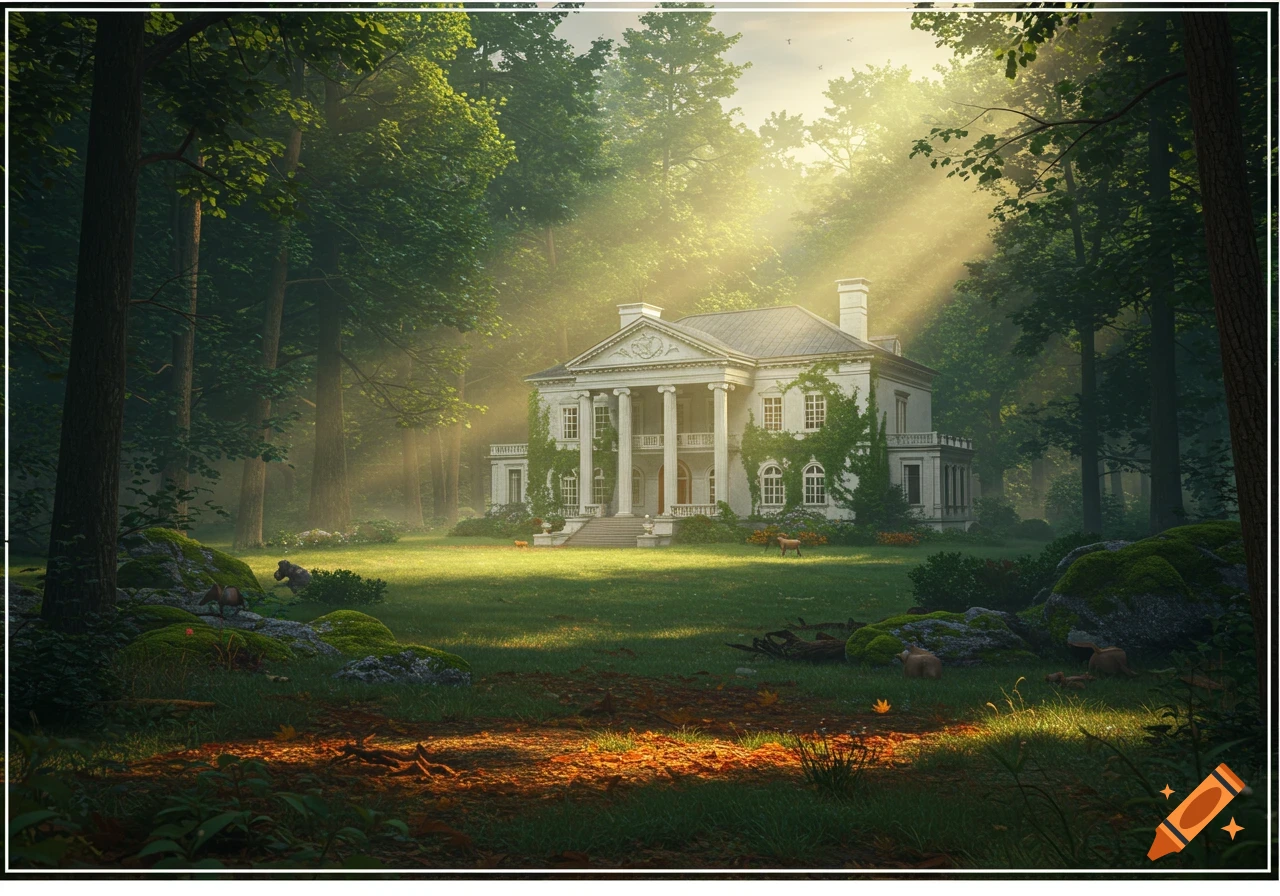 A grand white mansion with columns and ivy, bathed in ethereal sunlight filtering through a lush green forest with a sprawling lawn.