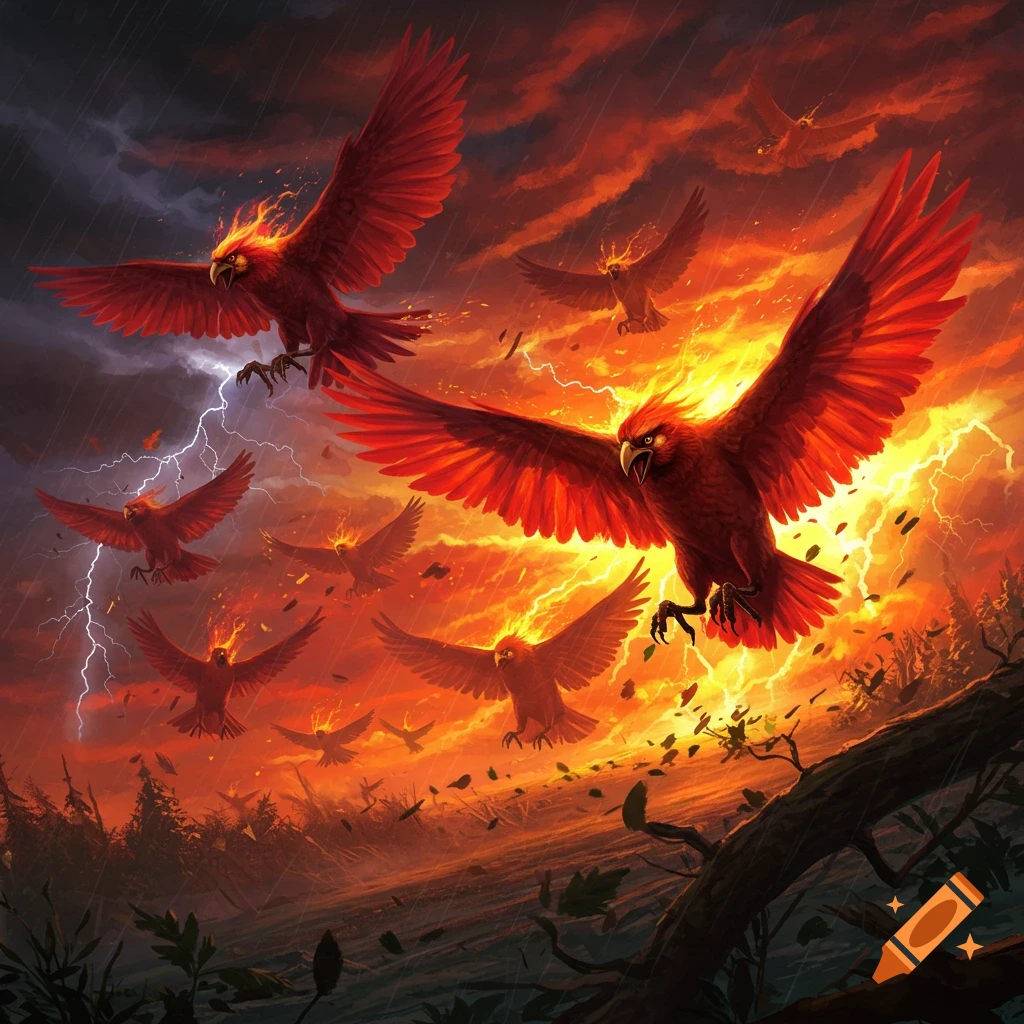 Fiery red phoenixes fly through a dramatic stormy sky filled with lightning, fire, and falling leaves, in a fantasy art style.