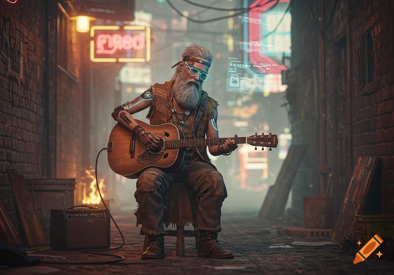 A cybernetic hobo with a long beard and glowing blue glasses plays an acoustic guitar in a dark, neon-lit alley.