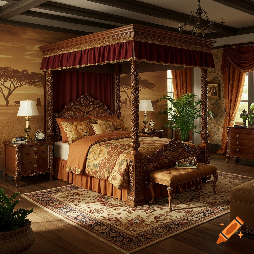 A luxurious bedroom with a four-poster bed featuring lion-themed bedding, a safari wall mural, and ornate wooden furniture.