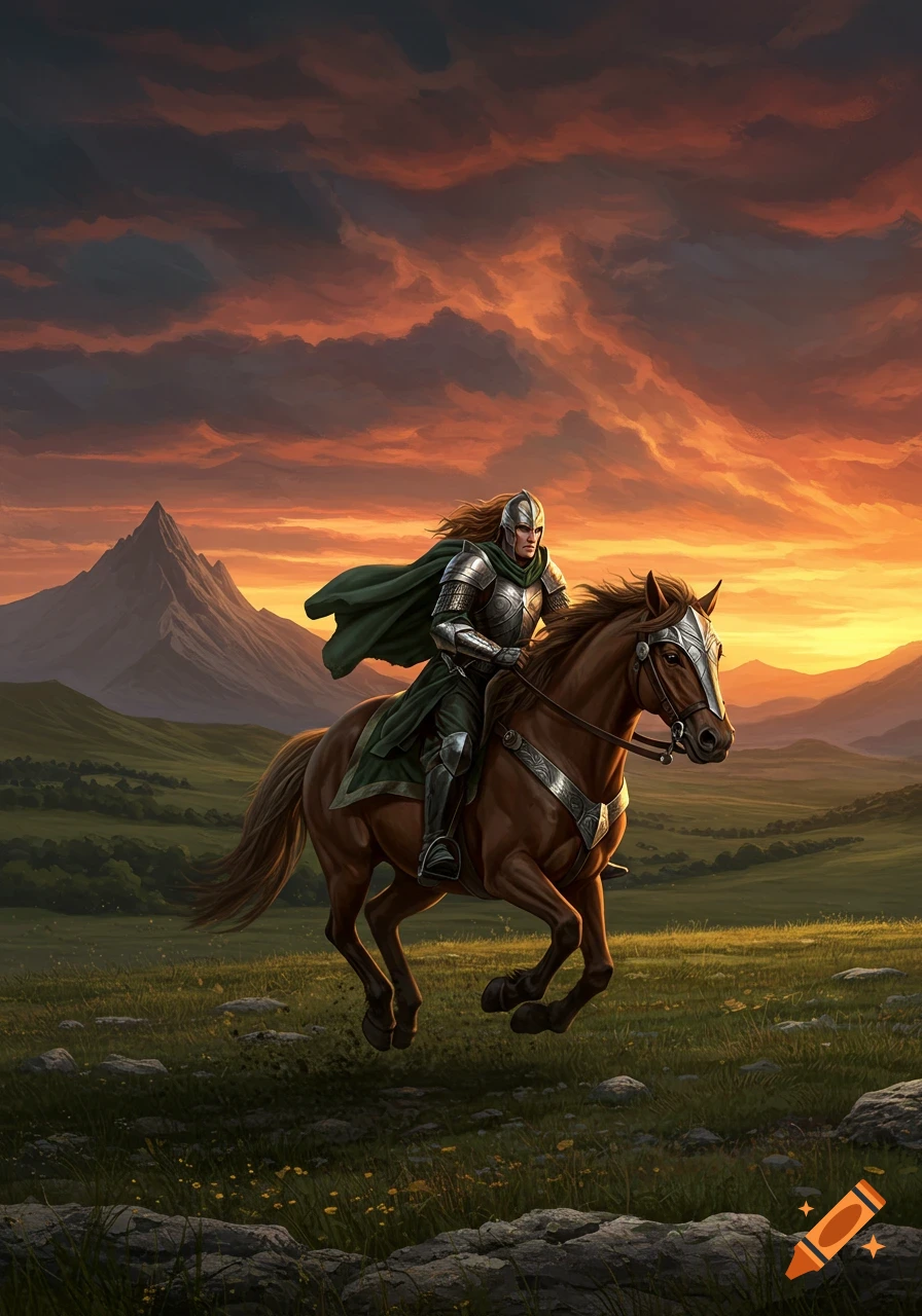 A knight in armor on a brown horse gallops through a green field at sunset, with mountains in the background, digital art.
