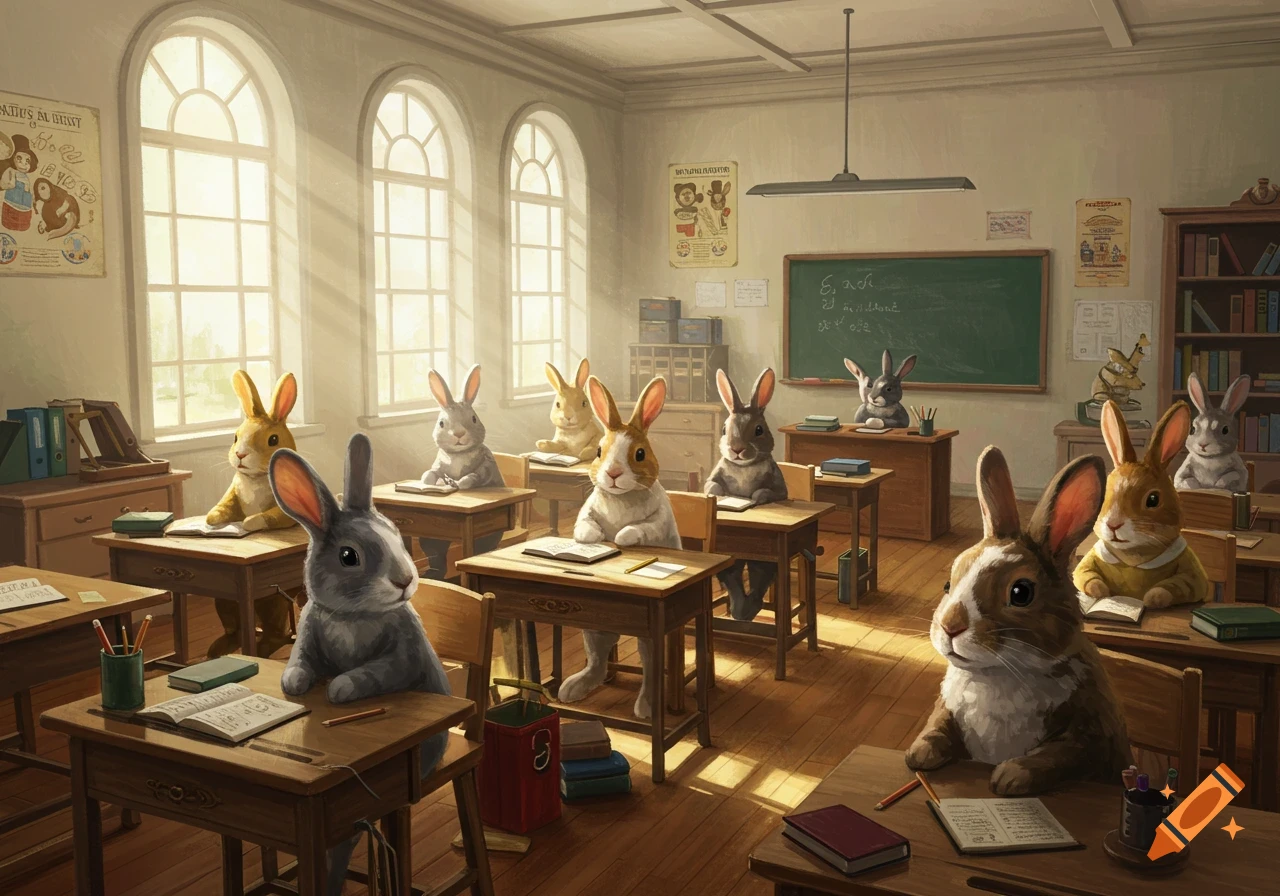 Anthropomorphic rabbits sit at wooden desks in a sunlit classroom, engaged in a lesson.