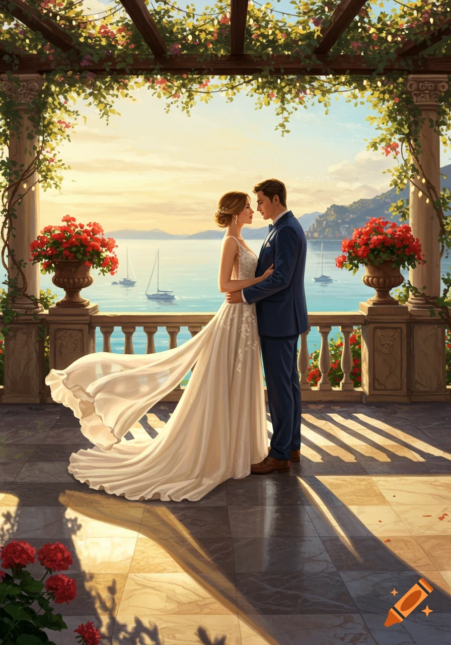 An illustrated wedding couple embraces on a romantic Mediterranean balcony overlooking the sea at sunset, surrounded by flowers.