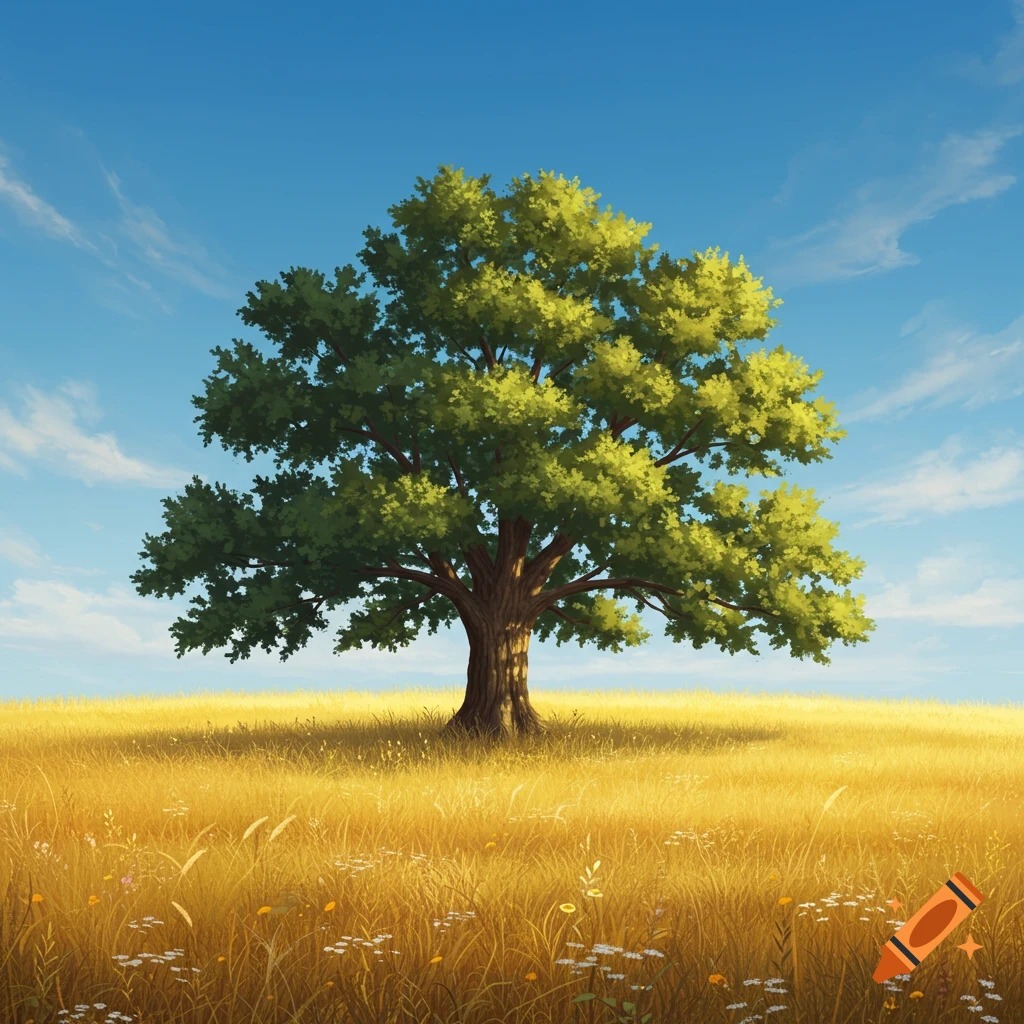 An isolated oak tree with green leaves stands prominently in a golden grassy field under a bright blue sky with wispy clouds.