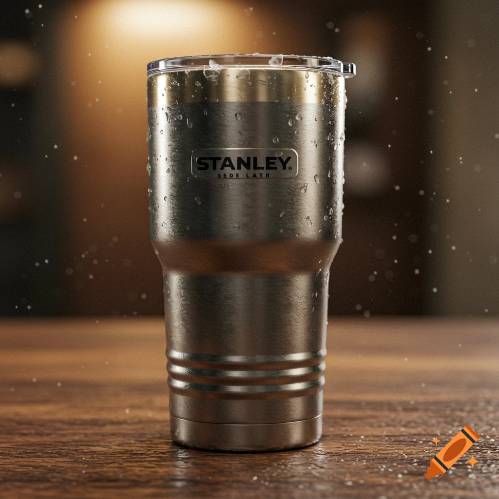 A close-up, photorealistic shot of a wet, metallic Stanley tumbler with a clear lid, on a wooden surface with water droplets suspended in the air.