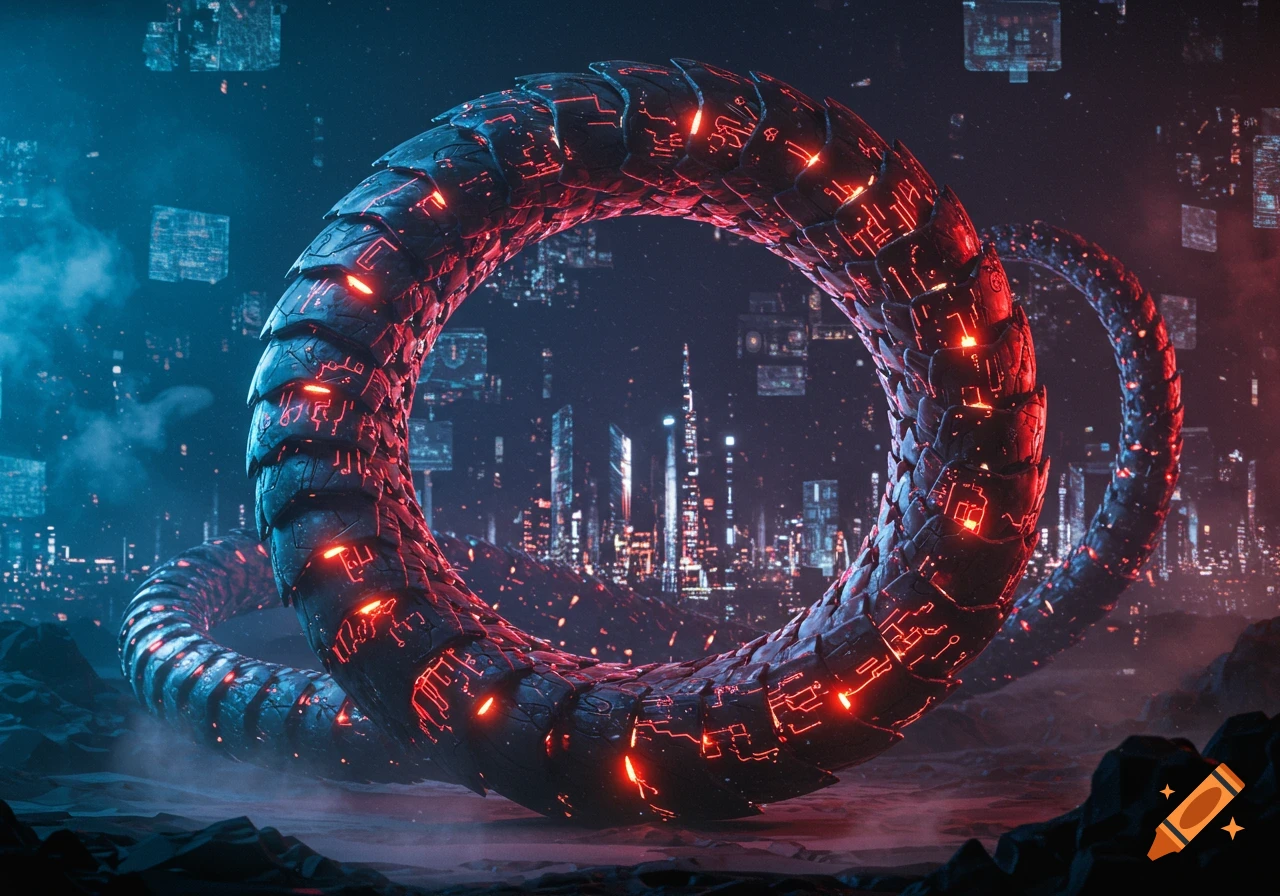 A glowing red digital serpent-like ring with circuit patterns over a futuristic cyberpunk city at night.