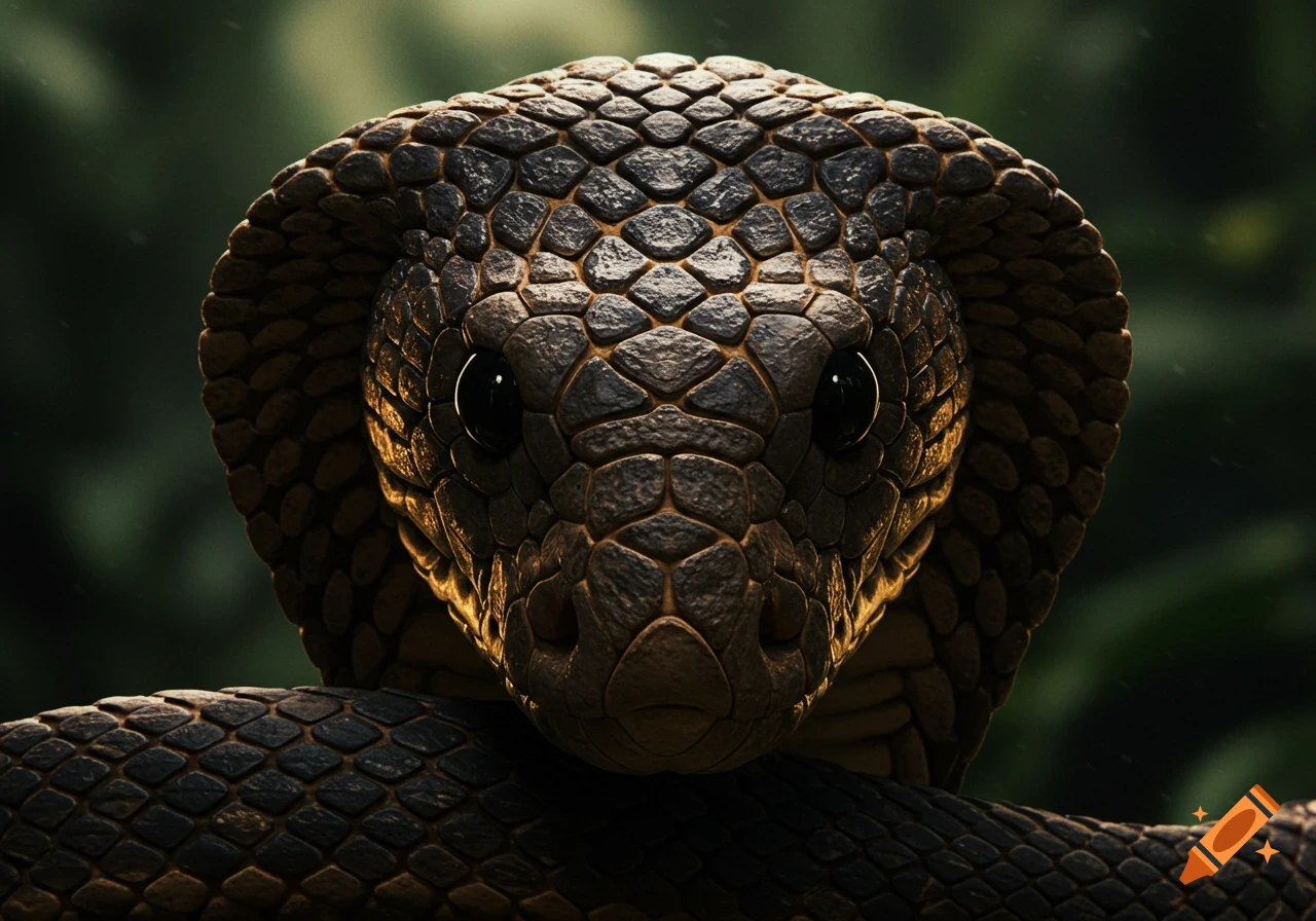 Close-up, head-on photorealistic view of an Indian King Cobra's head and hood, detailed scales, dark eyes, and a blurred green background.