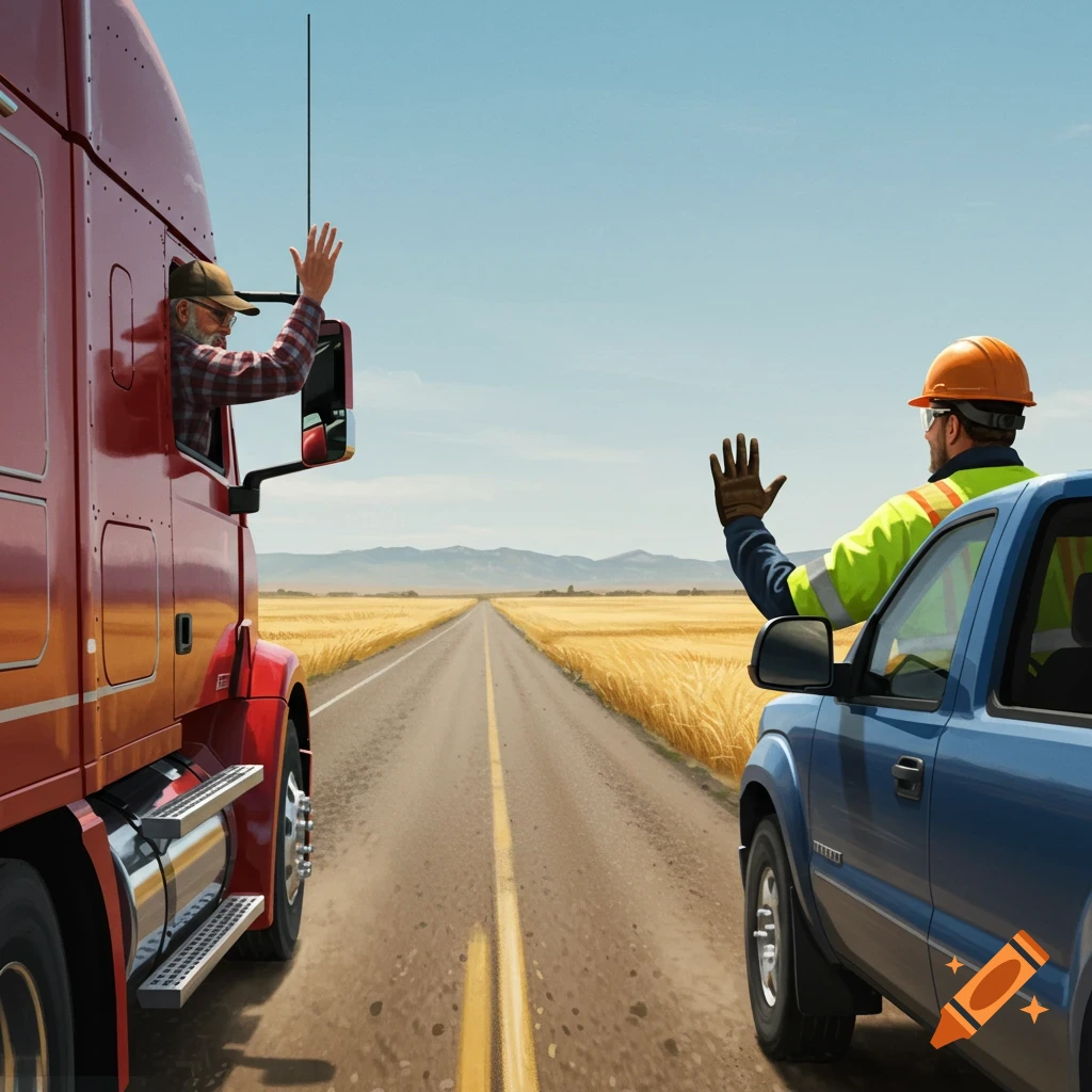 A red semi-truck driver waves to a worker in a blue pickup truck on a highway through golden fields.