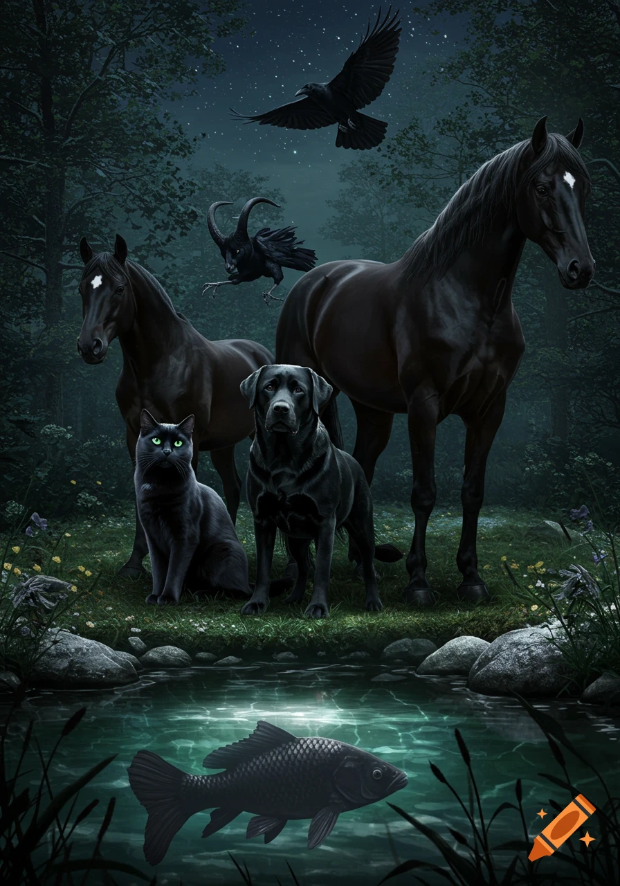 A black cat, labrador, two horses, a raven, and a horned creature stand by a pond in a dark, starry forest with a fish in the water.