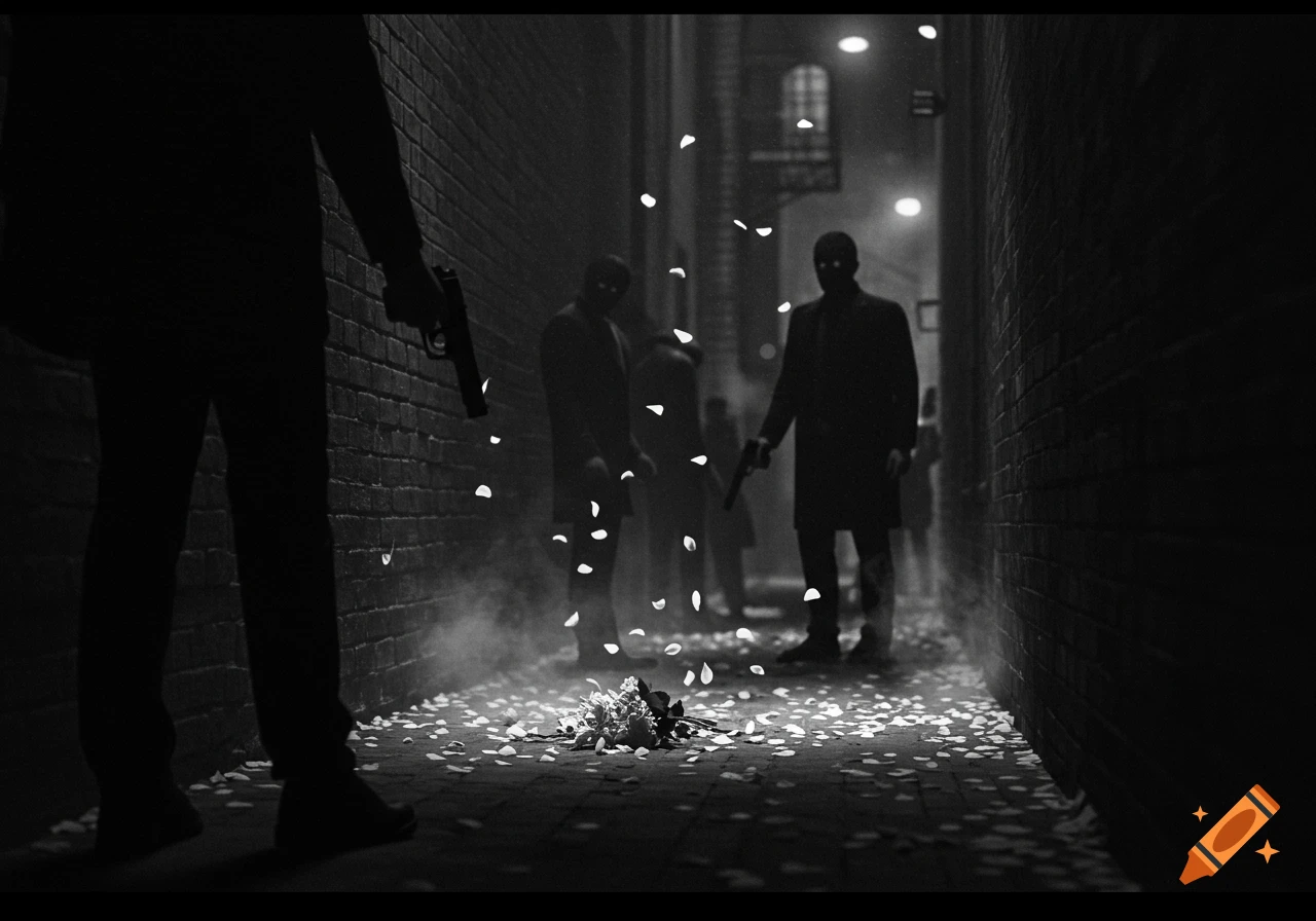 A dramatic black and white image of silhouettes of men holding guns in a dark alley, with flowers and petals on the ground.