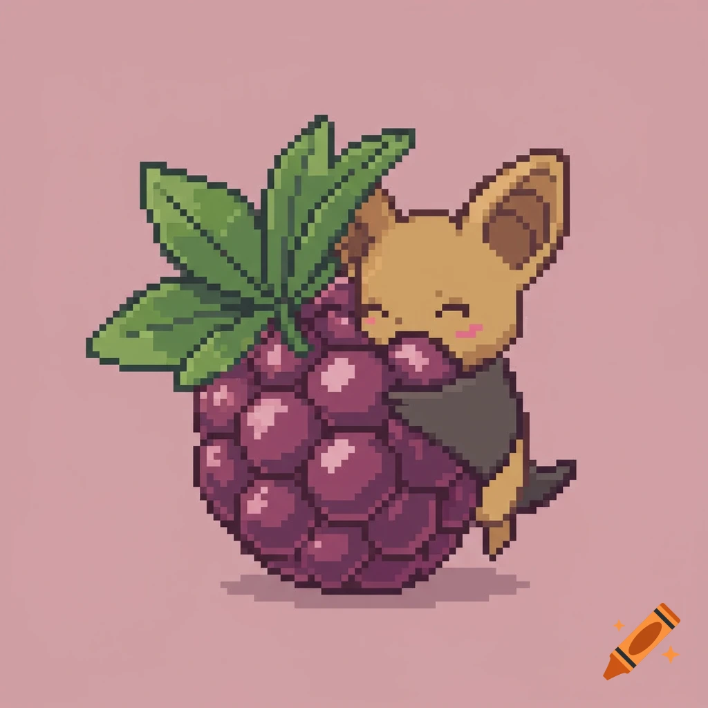 Cute pixel art bat with large ears hugging a giant purple berry.
