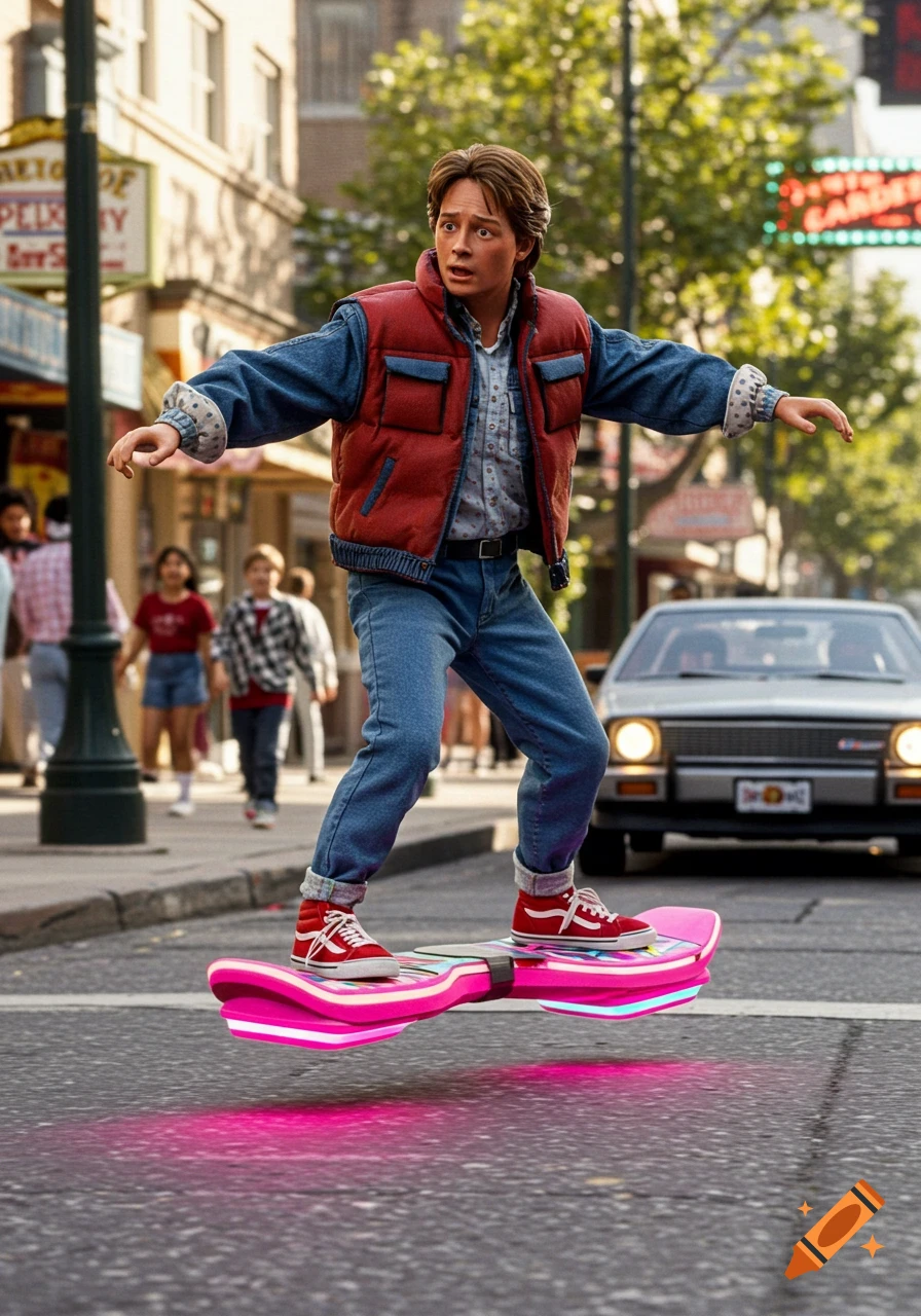Marty McFly from Back to the Future hovers on a pink and blue hoverboard down a city street, looking surprised in a photorealistic style.