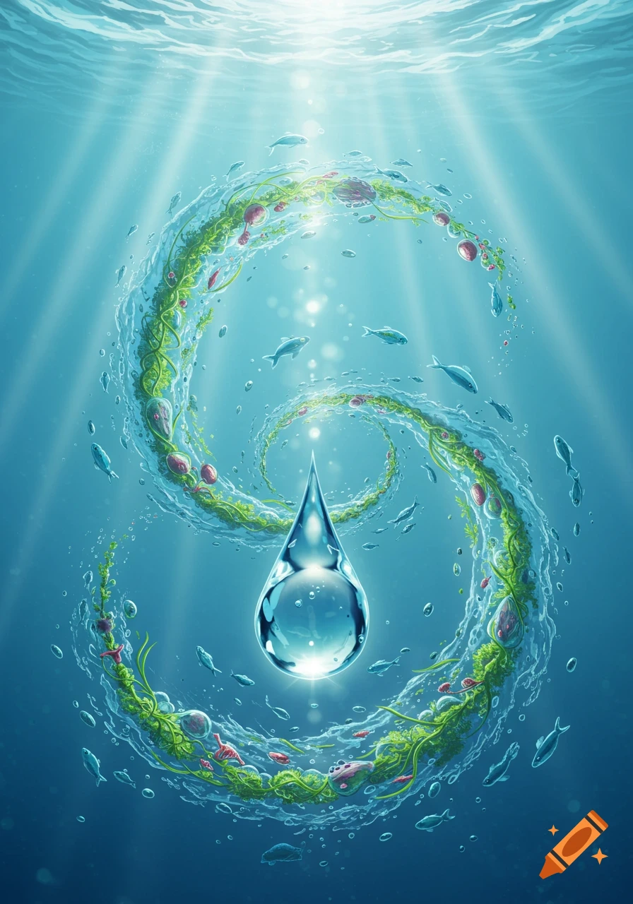 A glistening water droplet at the center of an underwater spiraling stream of plants and water, surrounded by fish and light rays.
