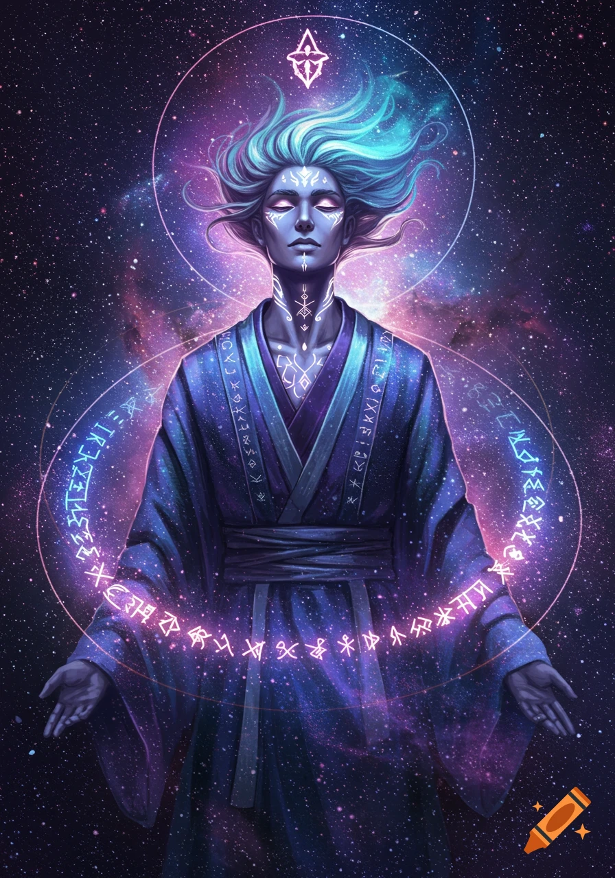 A cosmic being with blue skin and glowing cyan hair, wearing a dark blue robe. Glowing white runes adorn its neck and chest, and ethereal pink and blue rune circles float around its hands against a starry galaxy background.