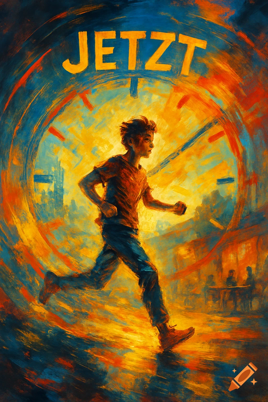 Expressive, colorful painting of a running boy against a clock background with 'JETZT' at the top.