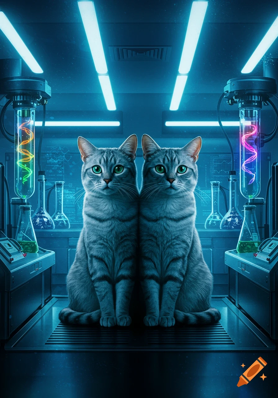 Two identical grey tabby cats sit in a blue-lit science lab with glowing tubes of colorful helixes, photorealistic style.