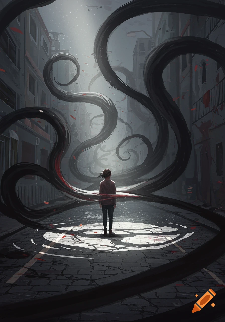 Digital art shows a person facing away, surrounded by dark, swirling tendrils and red splatters in a gloomy city street.