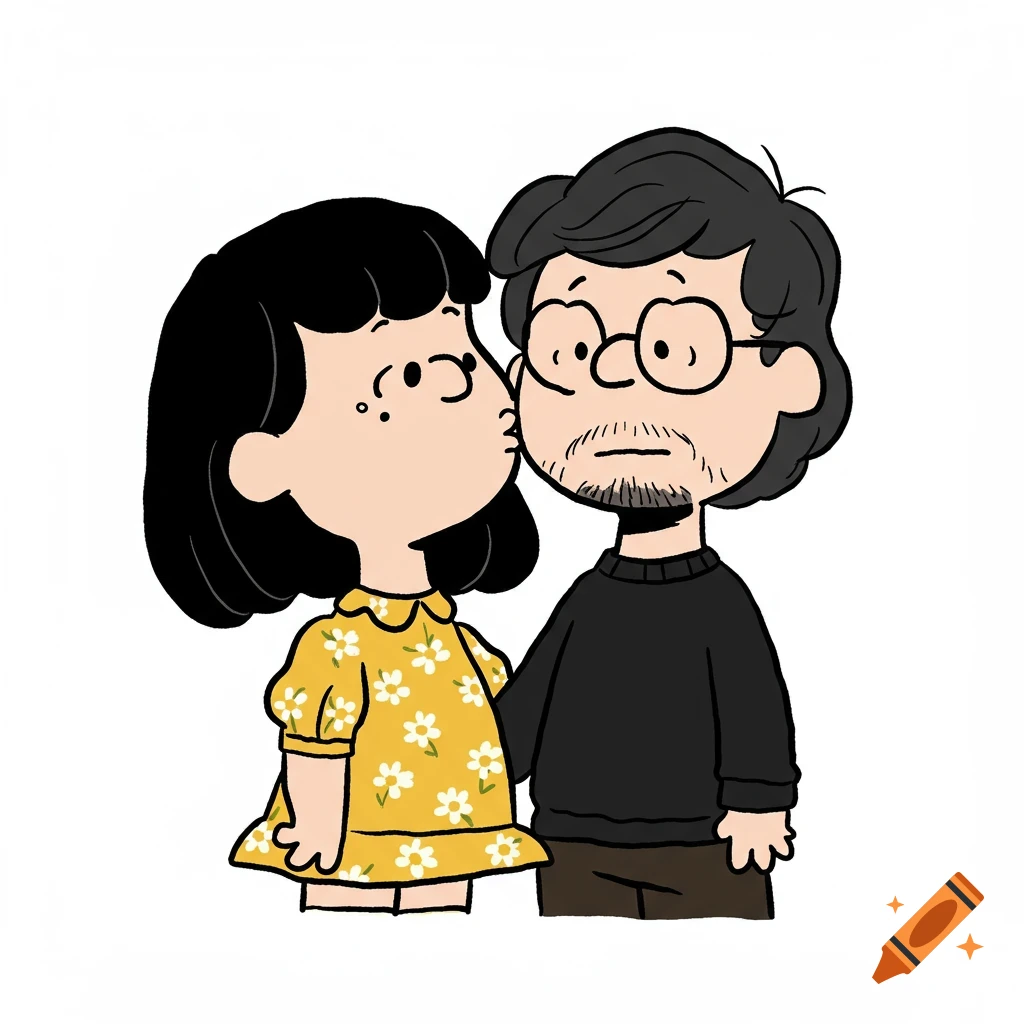 A cartoon girl in a yellow dress kisses a man with a beard and glasses on the cheek, in the style of Peanuts comics.