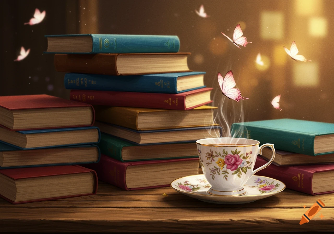 A cozy still life with stacks of colorful books on a wooden table, a steaming floral teacup, and glowing butterflies floating around.
