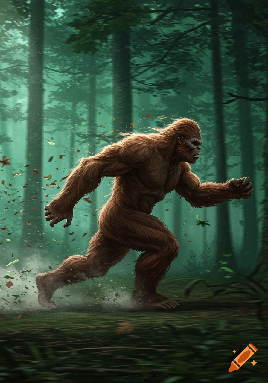 A large, brown, hairy Bigfoot runs through a misty forest, kicking up dirt and leaves.