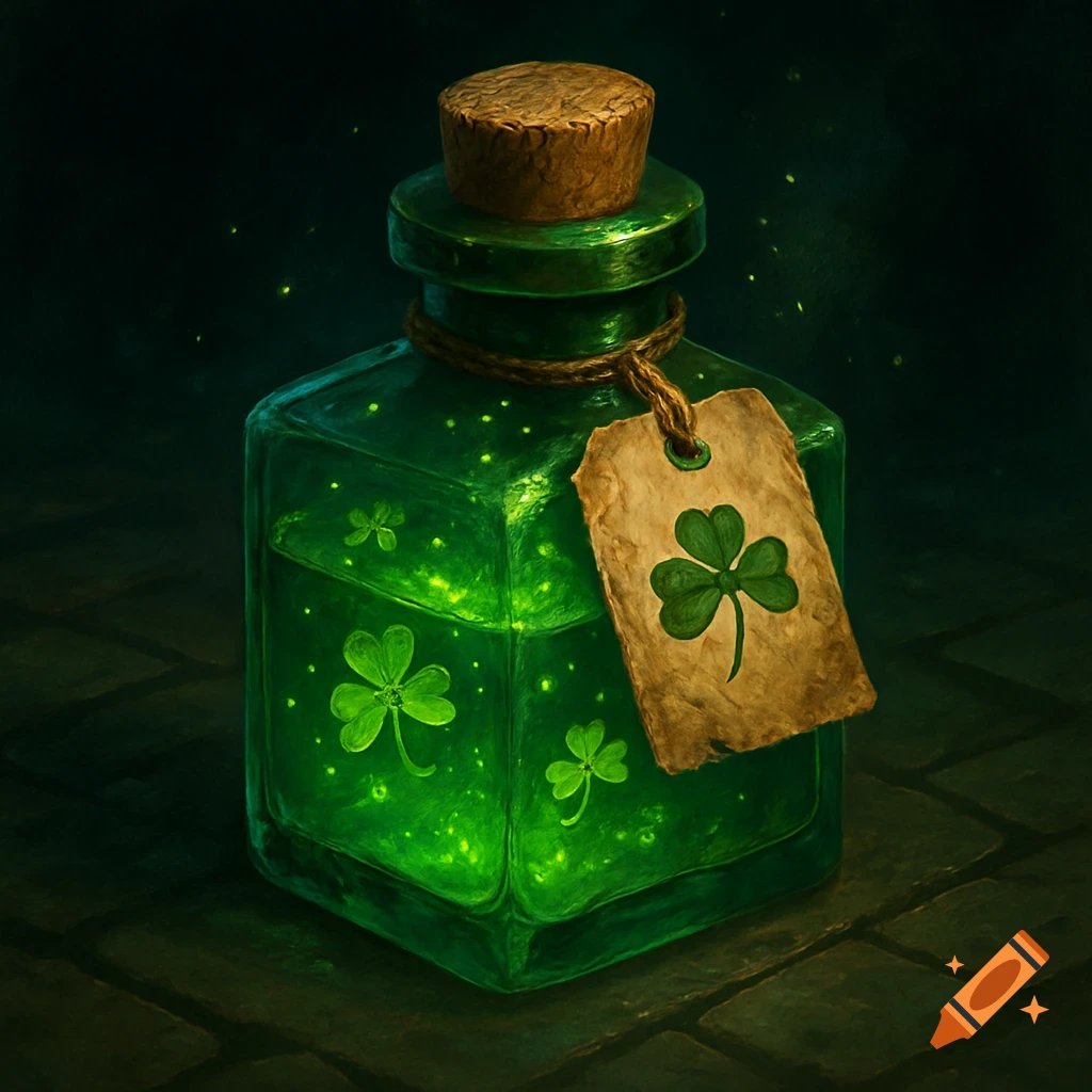 Glowing green fantasy potion bottle with shamrocks inside and on a label, on a dark labyrinth floor, in a cartoon art style.
