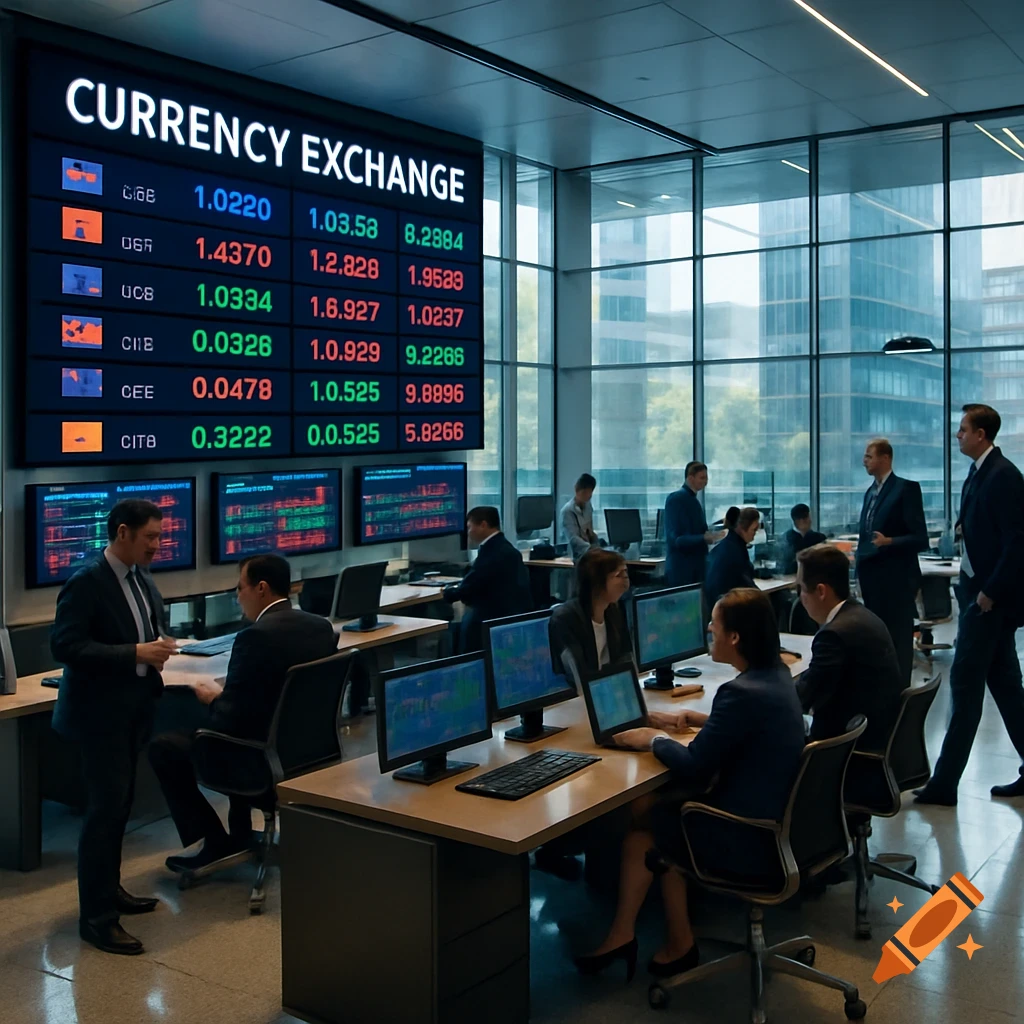 A modern office with people in suits working at desks. A large digital board on the wall displays "CURRENCY EXCHANGE" and financial data.