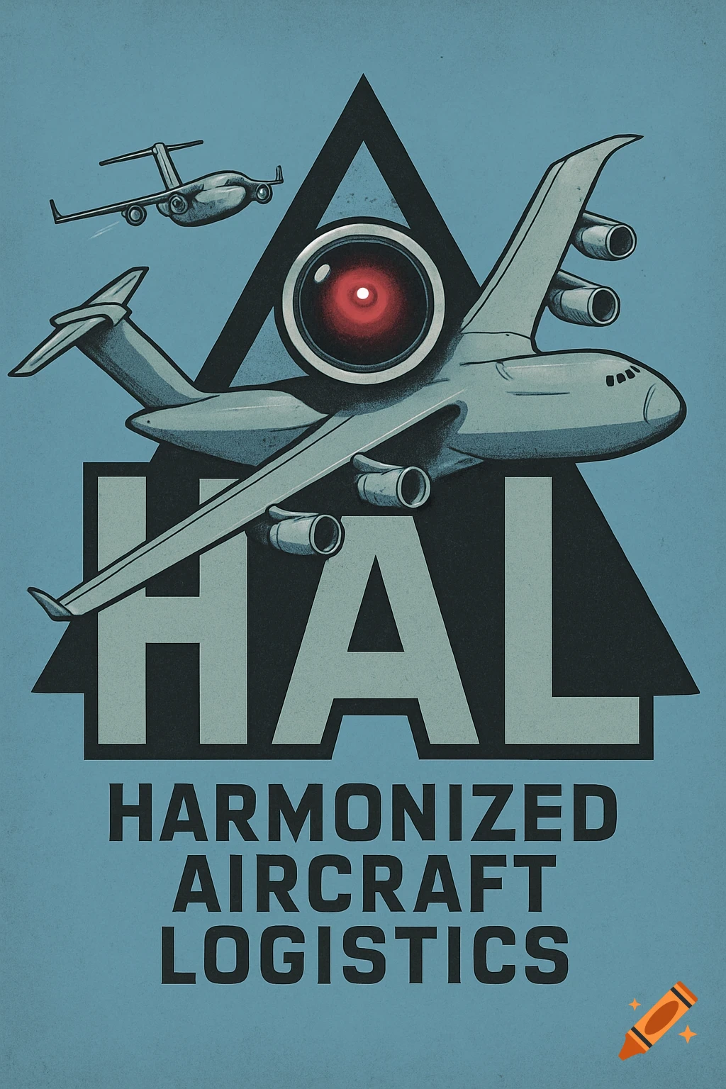 Retro poster for Harmonized Aircraft Logistics featuring stylized aircraft, a HAL 9000 eye, and the letters HAL on a blue background.
